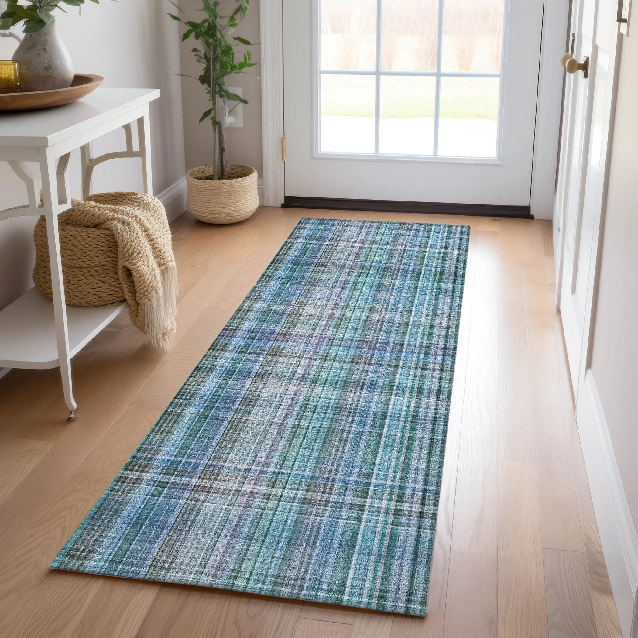 Machine Washable Indoor/ Outdoor Plaid Chantille Rug