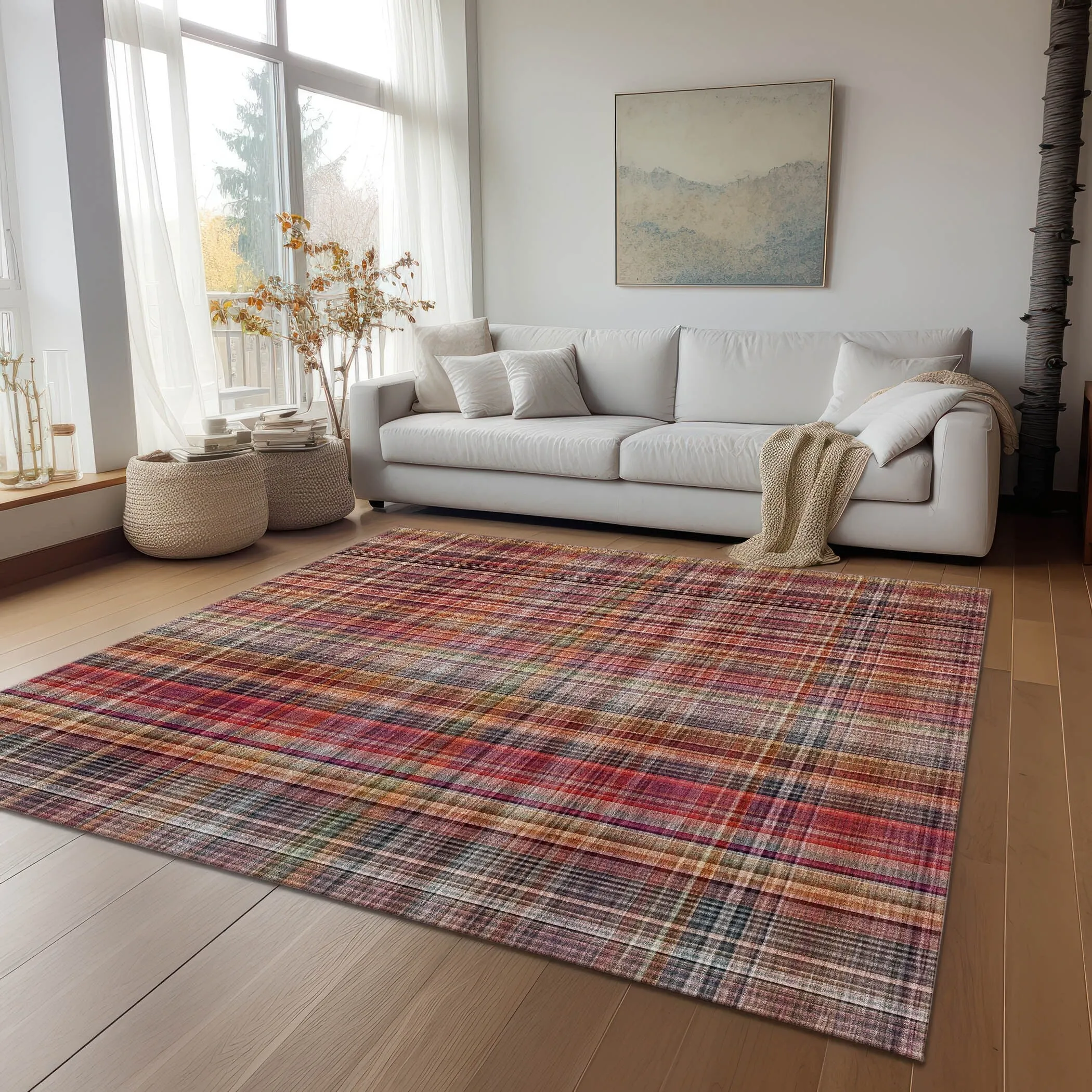 Machine Washable Indoor/ Outdoor Plaid Chantille Rug