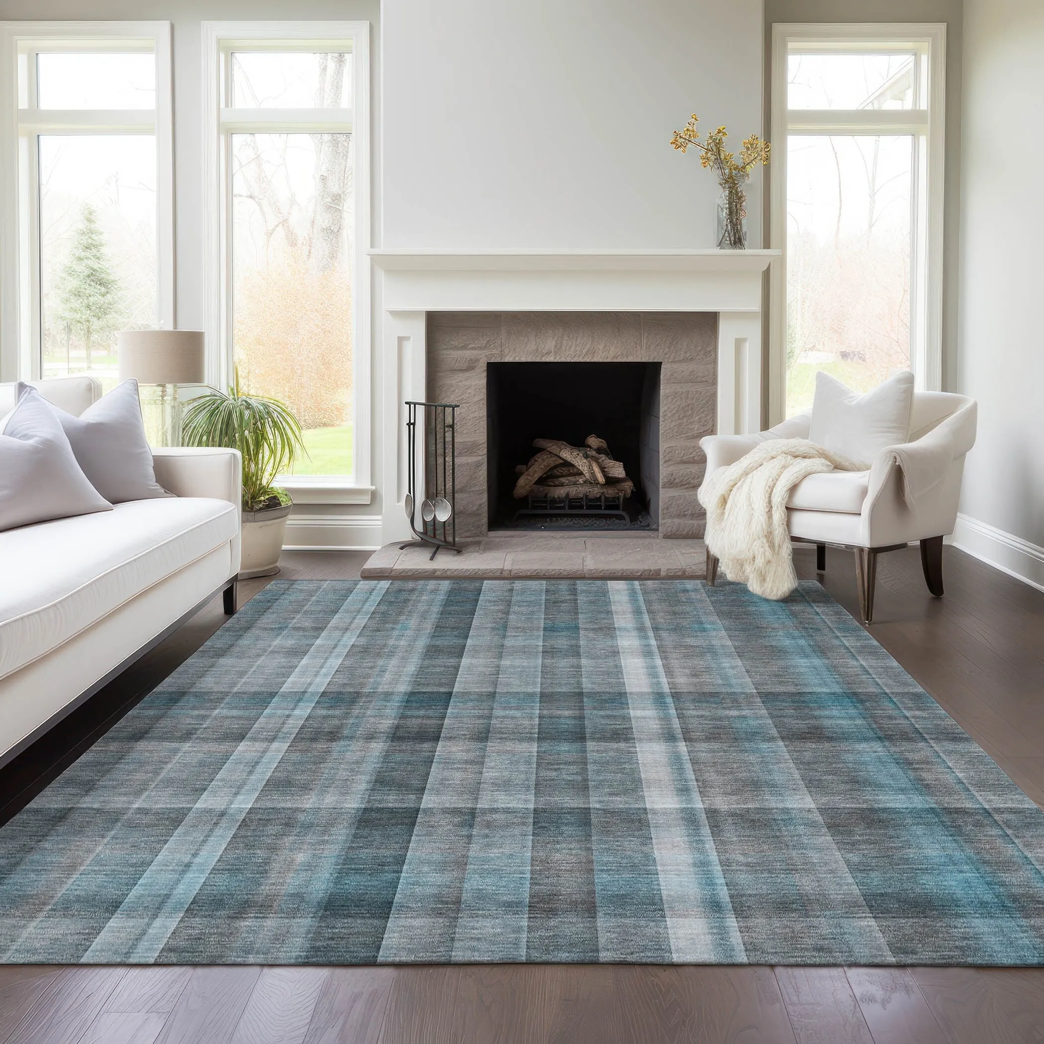 Machine Washable Indoor/ Outdoor Plaid Chantille Rug