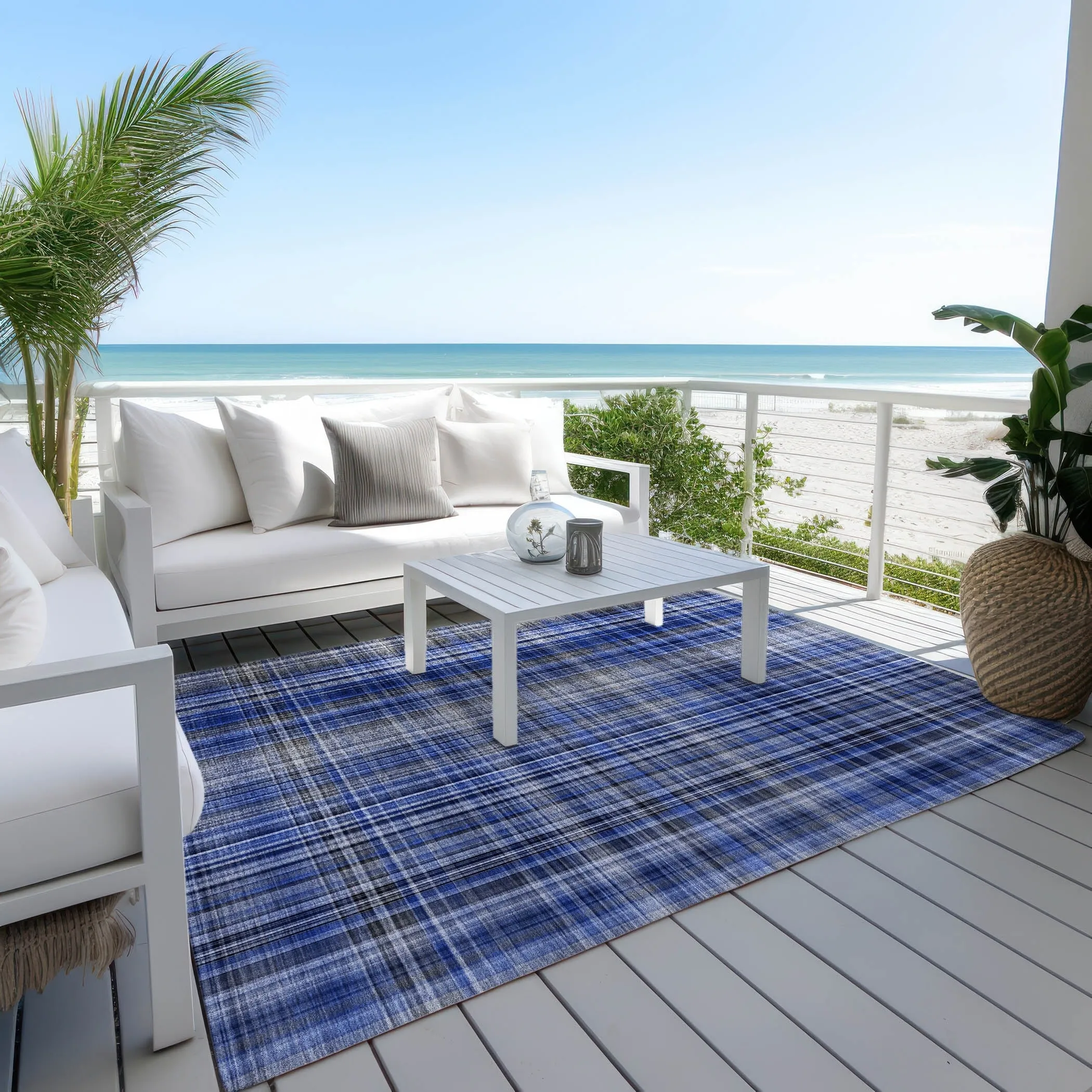 Machine Washable Indoor/ Outdoor Plaid Chantille Rug