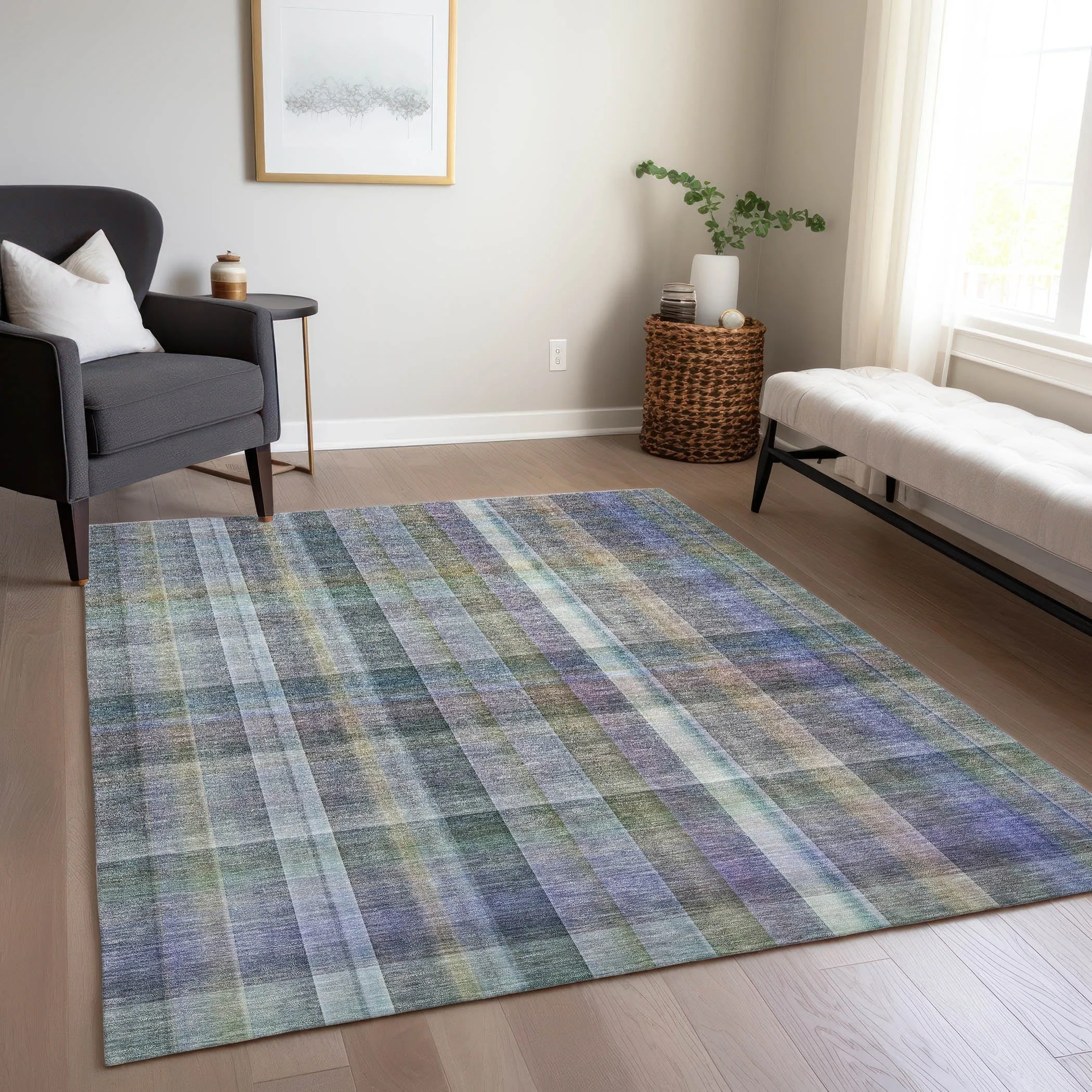 Machine Washable Indoor/ Outdoor Plaid Chantille Rug