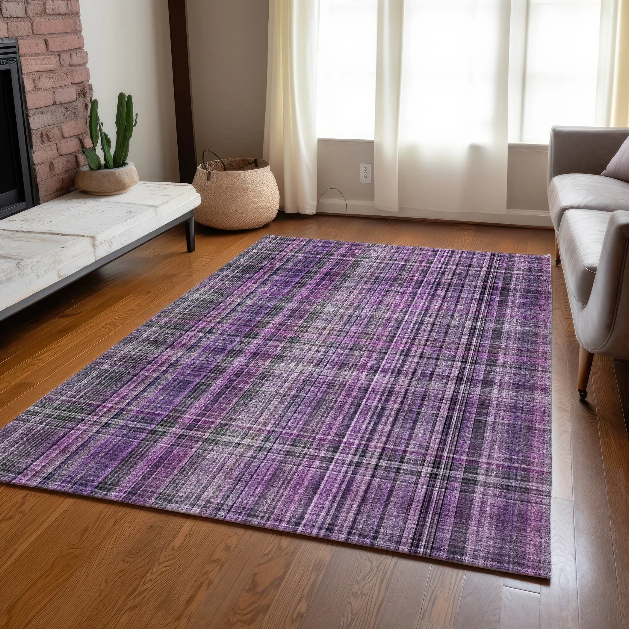 Machine Washable Indoor/ Outdoor Plaid Chantille Rug