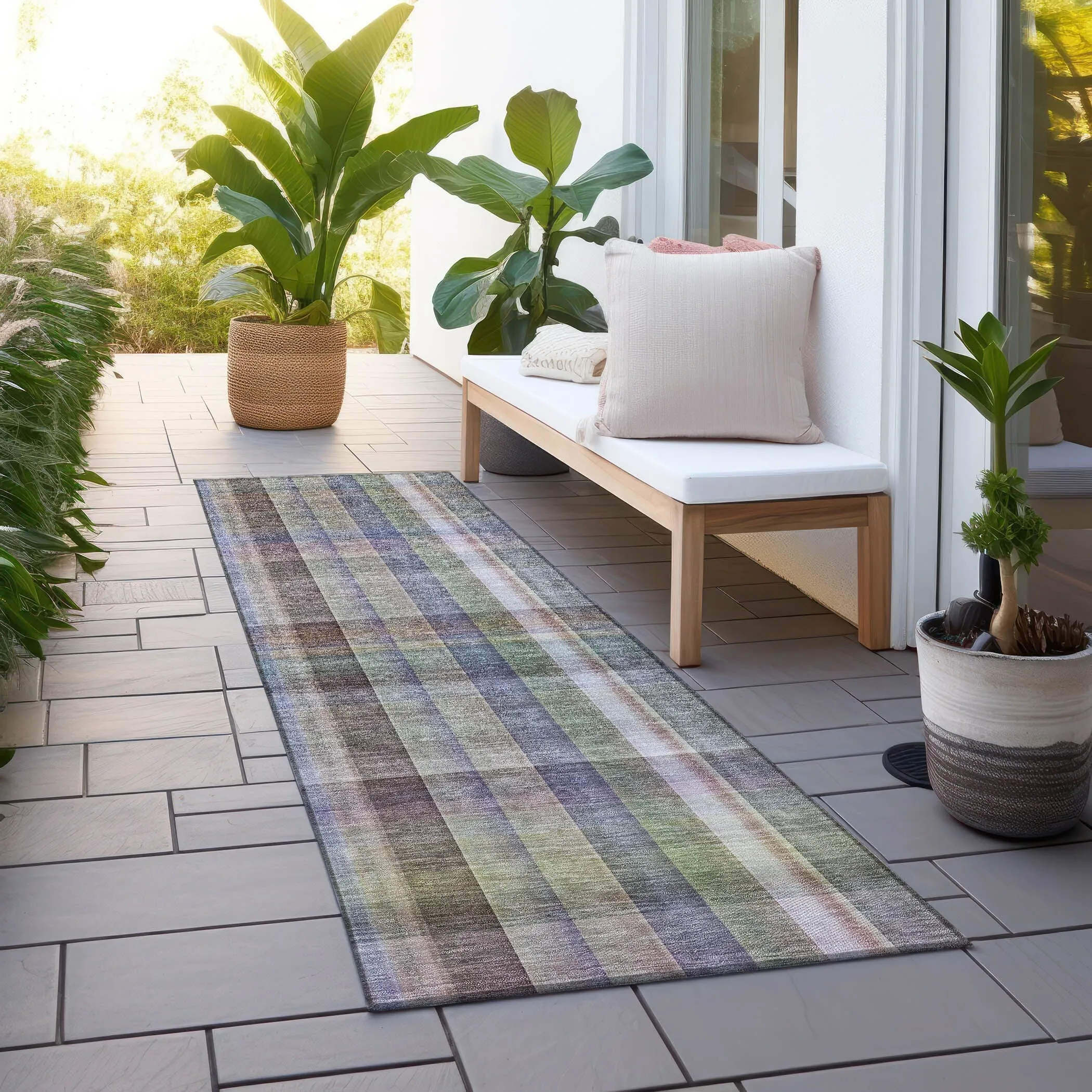 Machine Washable Indoor/ Outdoor Plaid Chantille Rug