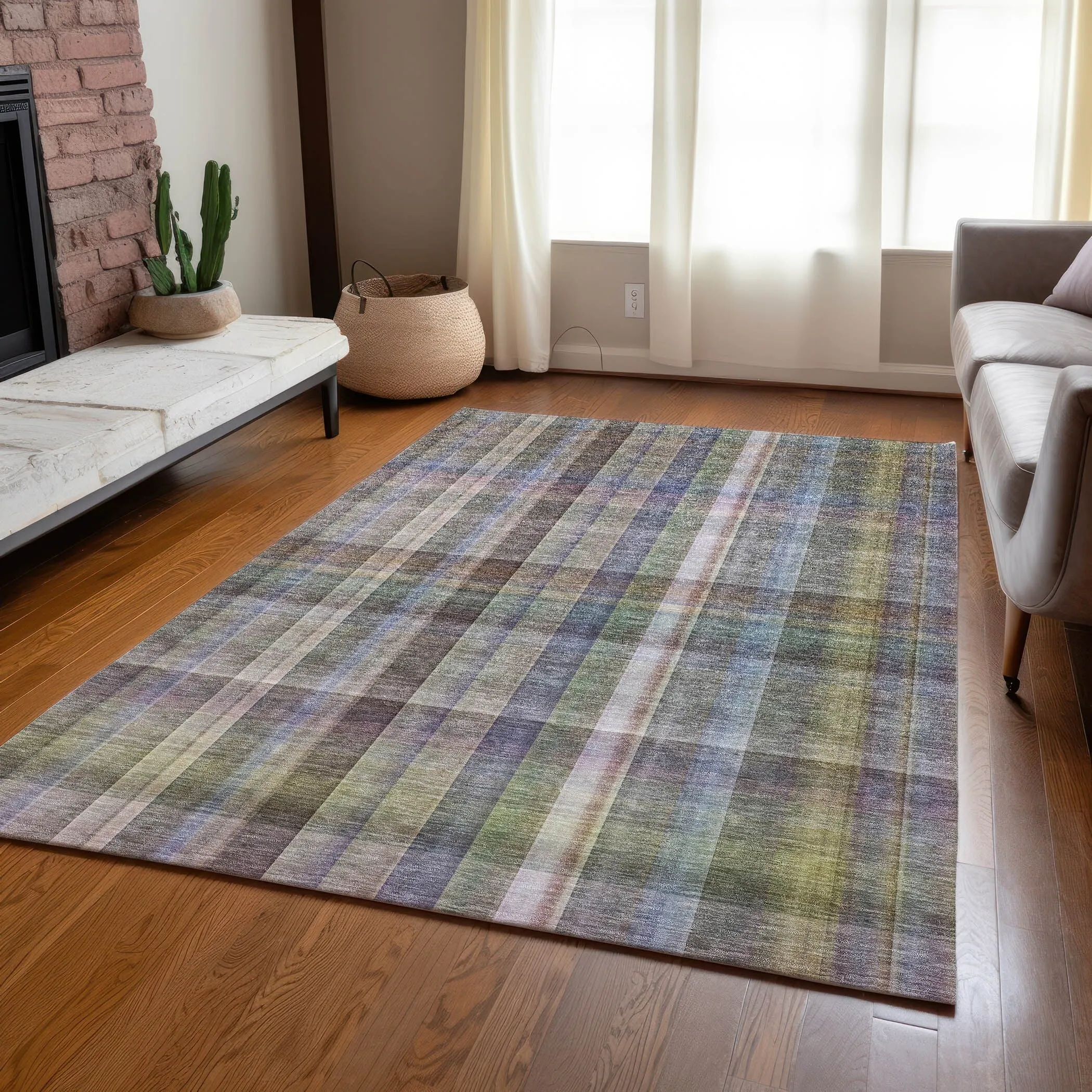 Machine Washable Indoor/ Outdoor Plaid Chantille Rug
