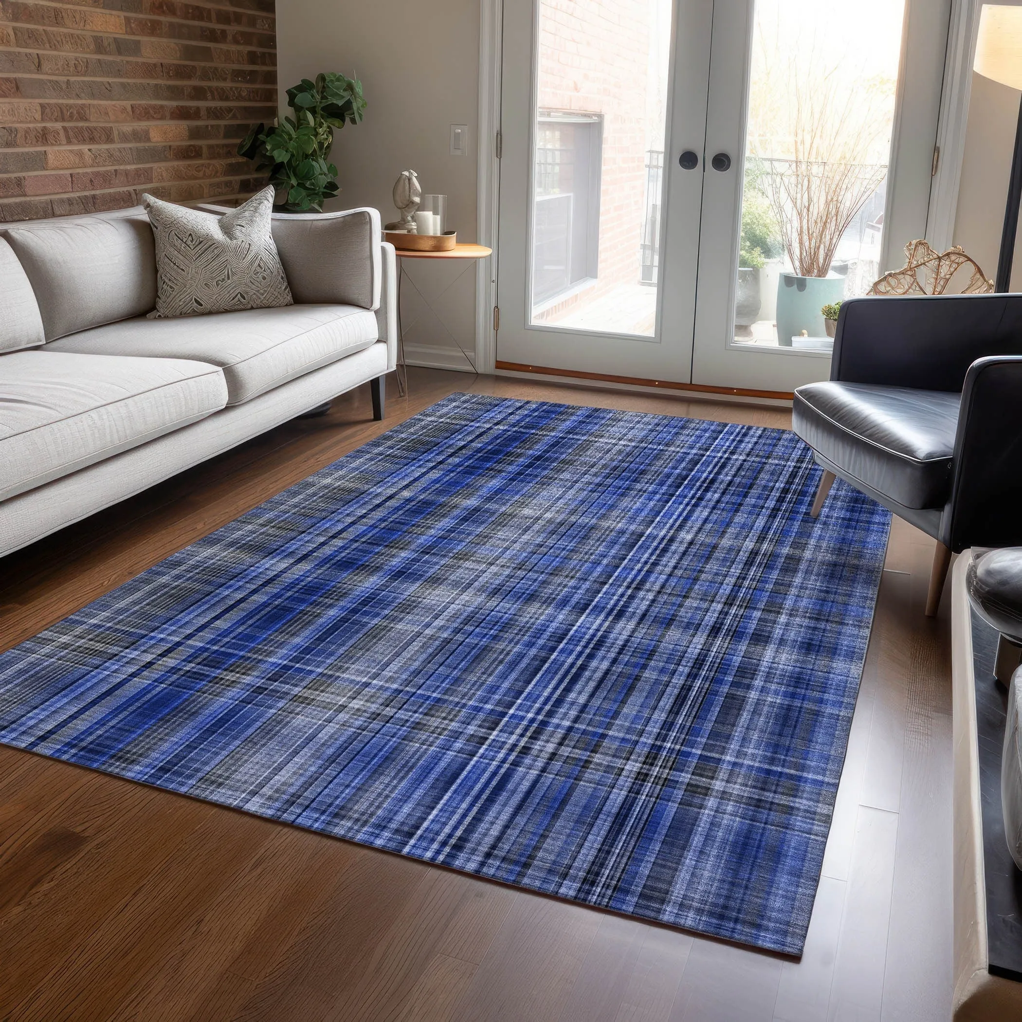Machine Washable Indoor/ Outdoor Plaid Chantille Rug