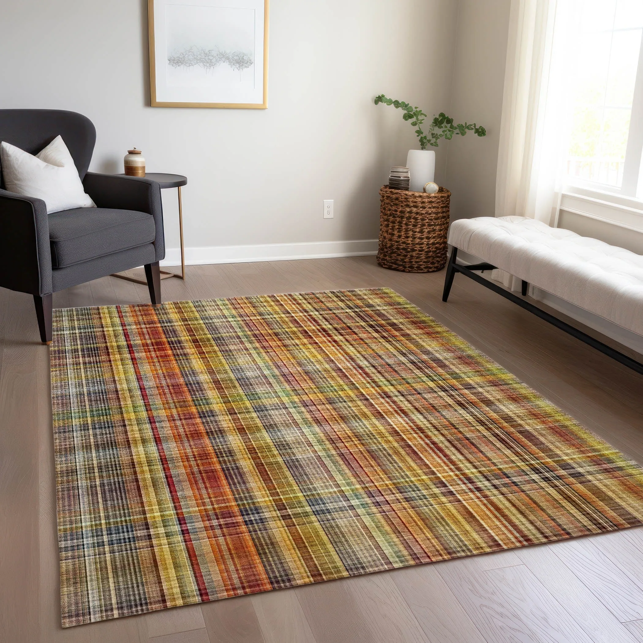 Machine Washable Indoor/ Outdoor Plaid Chantille Rug