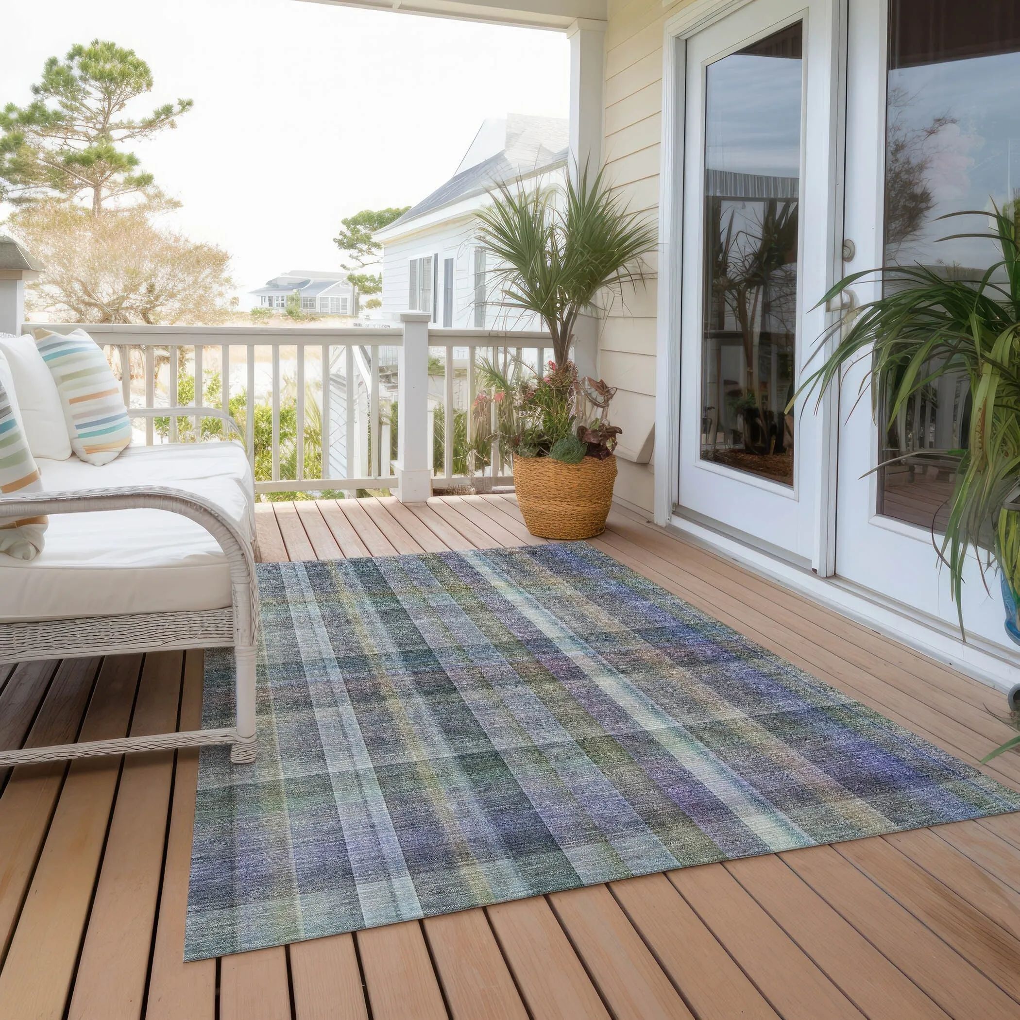 Machine Washable Indoor/ Outdoor Plaid Chantille Rug