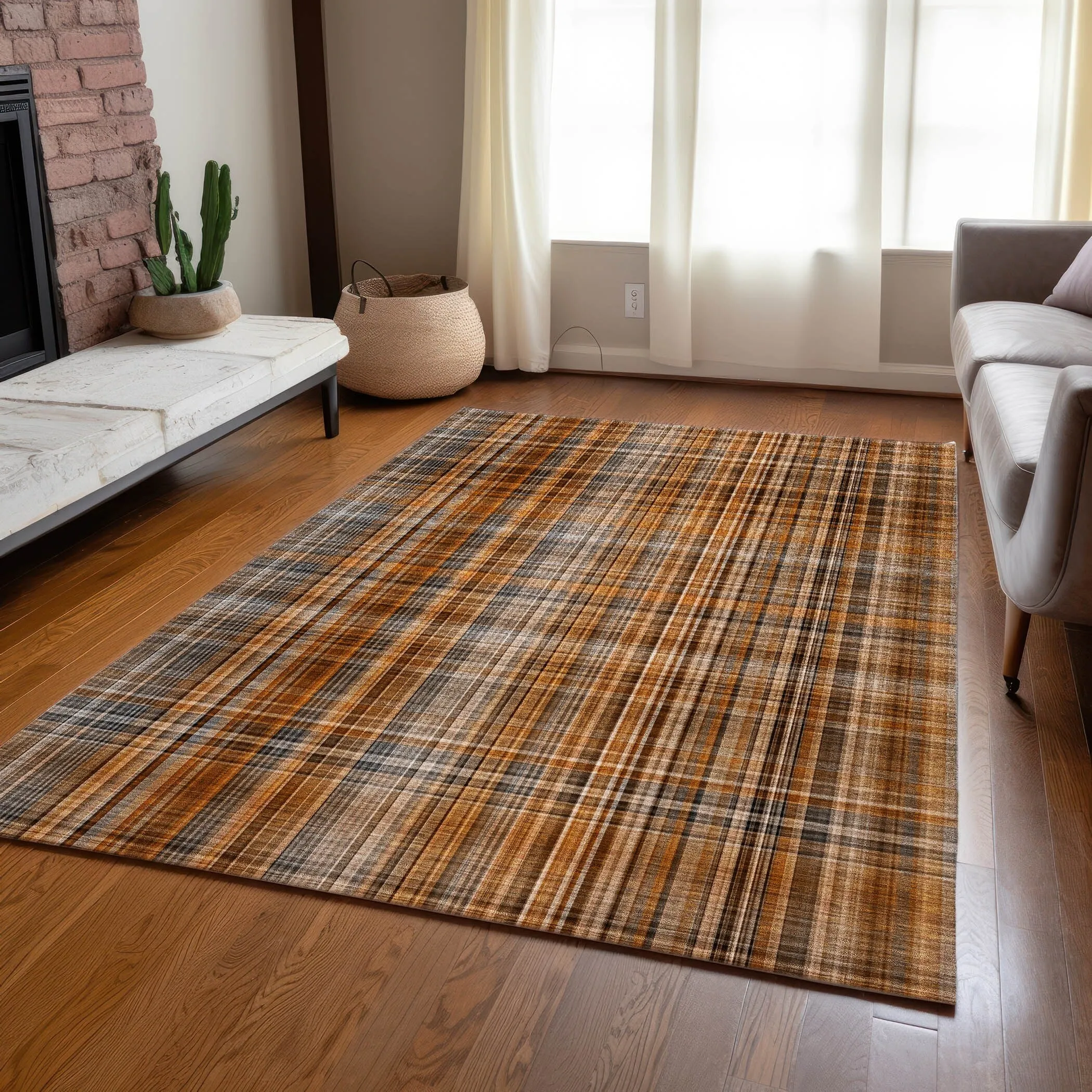 Machine Washable Indoor/ Outdoor Plaid Chantille Rug