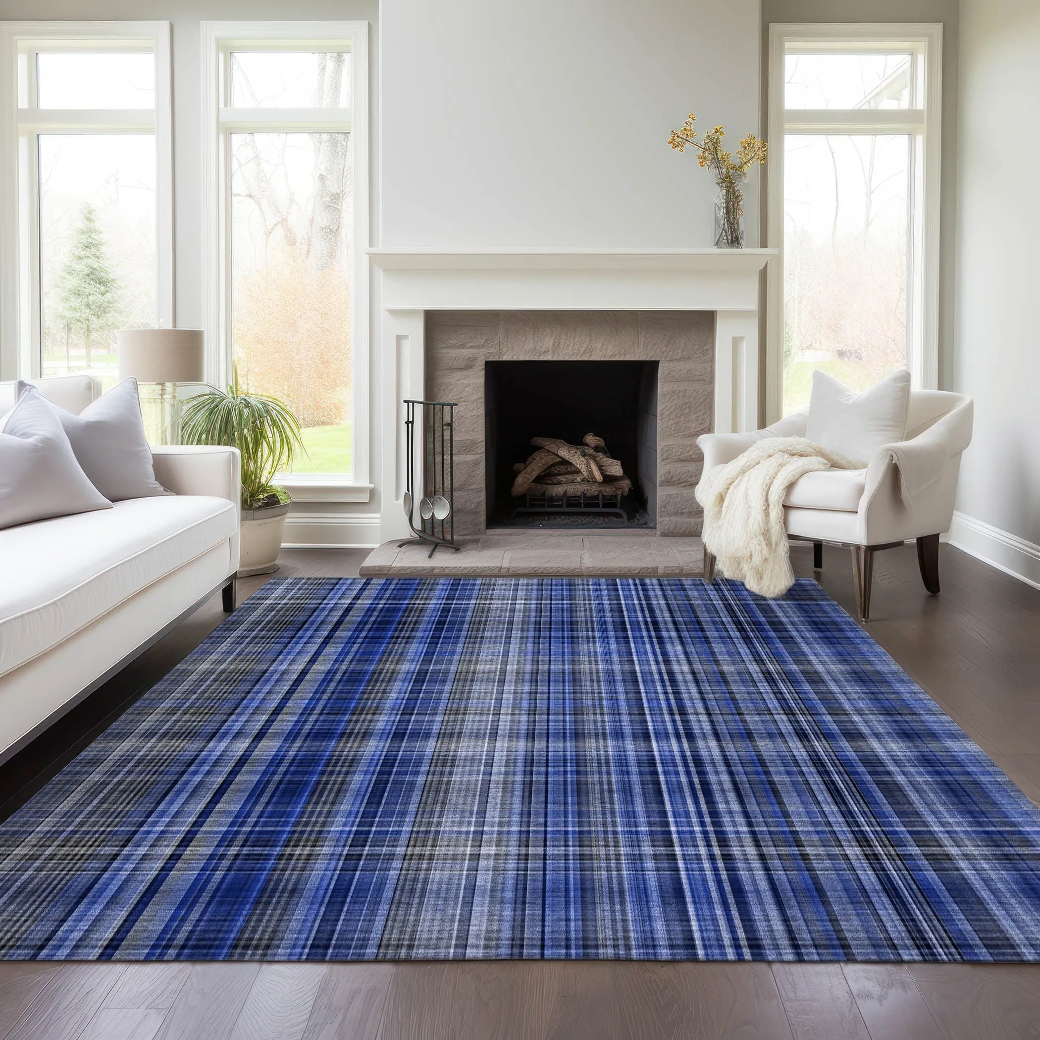 Machine Washable Indoor/ Outdoor Plaid Chantille Rug