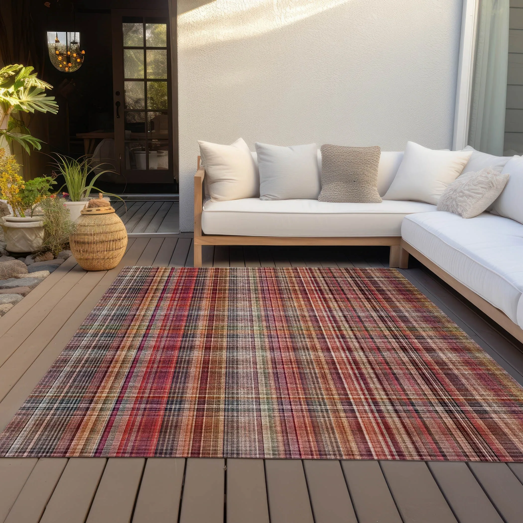 Machine Washable Indoor/ Outdoor Plaid Chantille Rug
