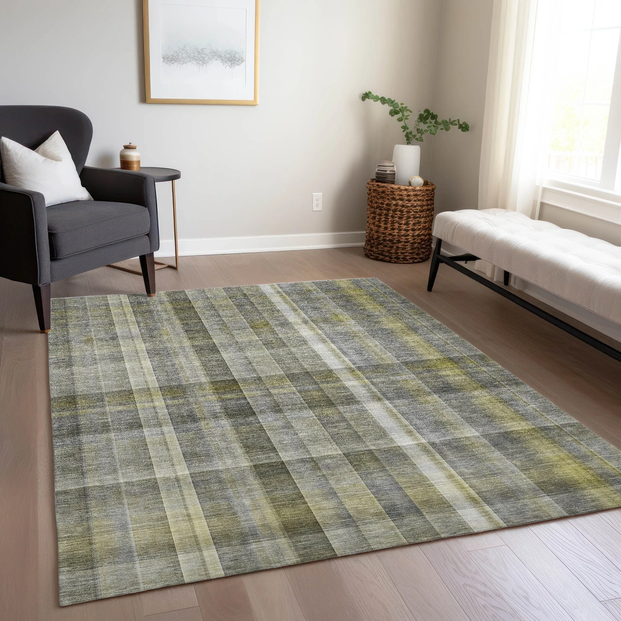 Machine Washable Indoor/ Outdoor Plaid Chantille Rug