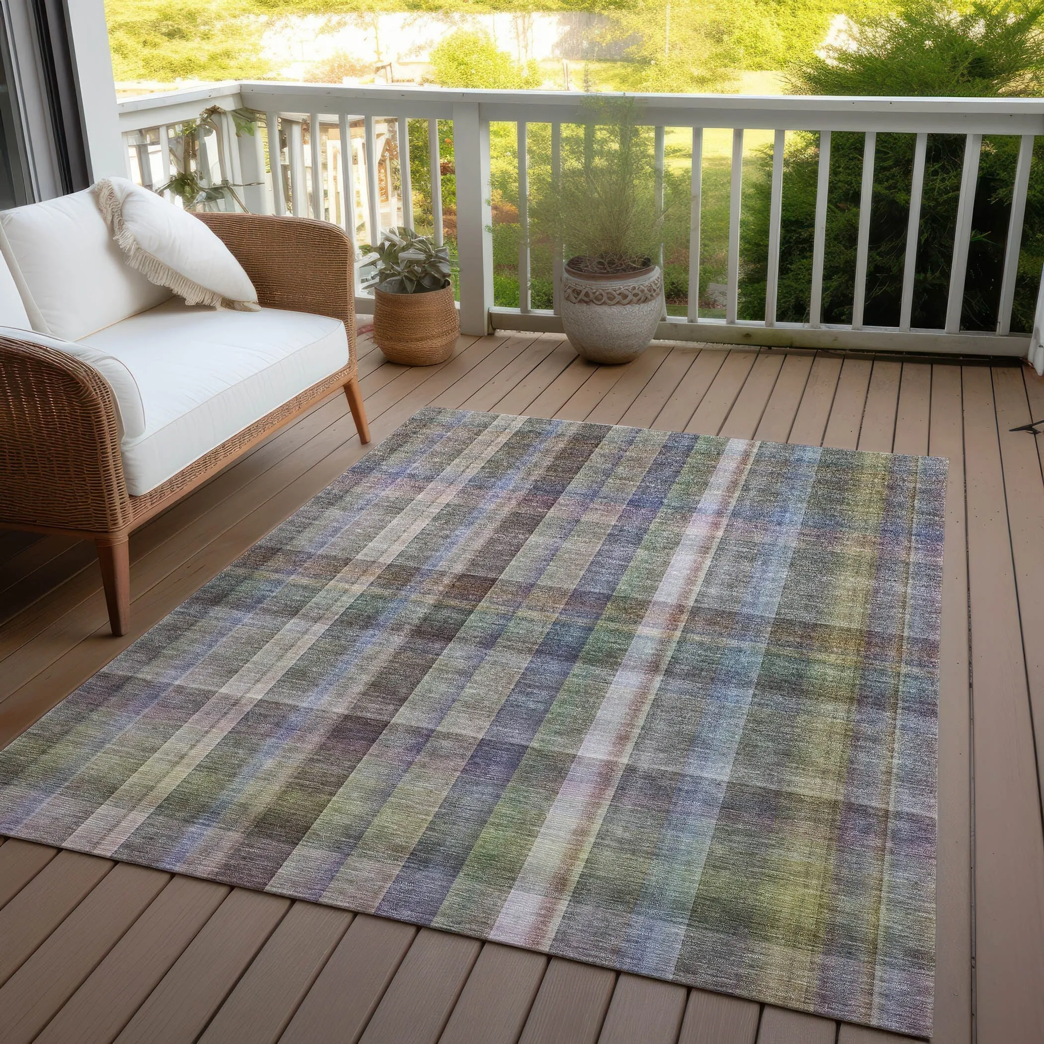 Machine Washable Indoor/ Outdoor Plaid Chantille Rug