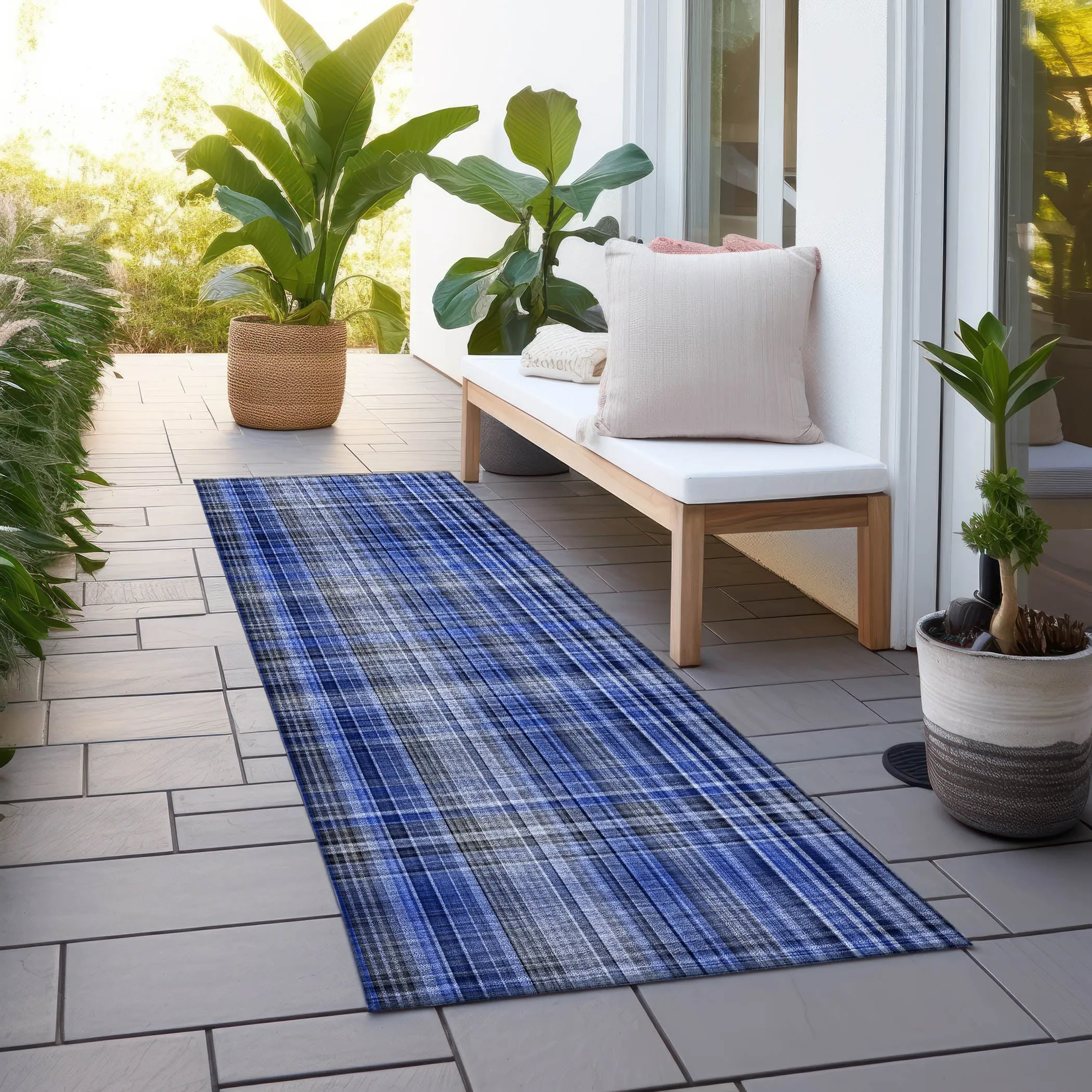 Machine Washable Indoor/ Outdoor Plaid Chantille Rug