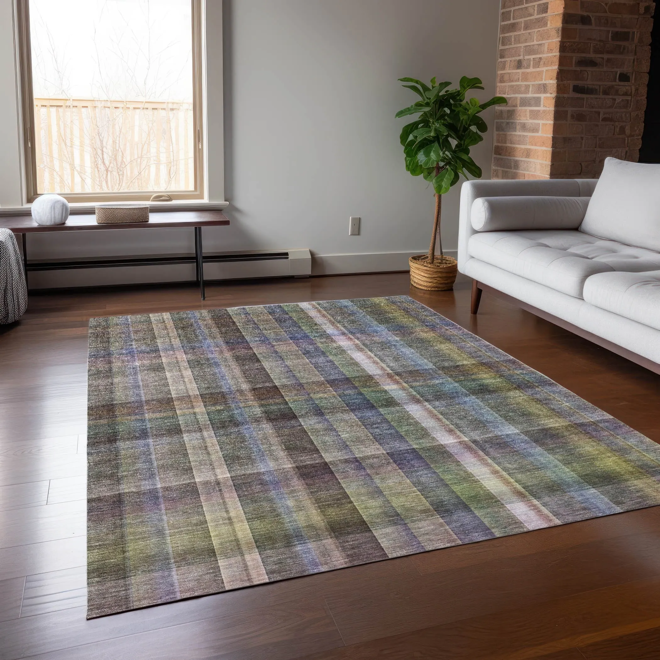 Machine Washable Indoor/ Outdoor Plaid Chantille Rug