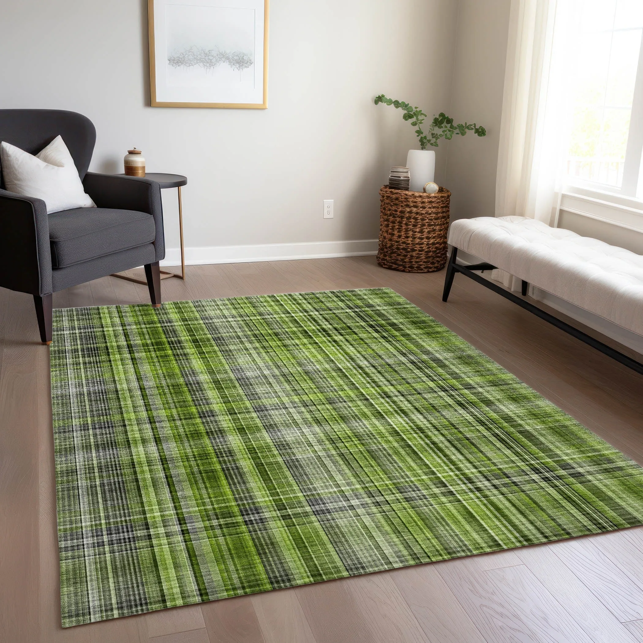 Machine Washable Indoor/ Outdoor Plaid Chantille Rug