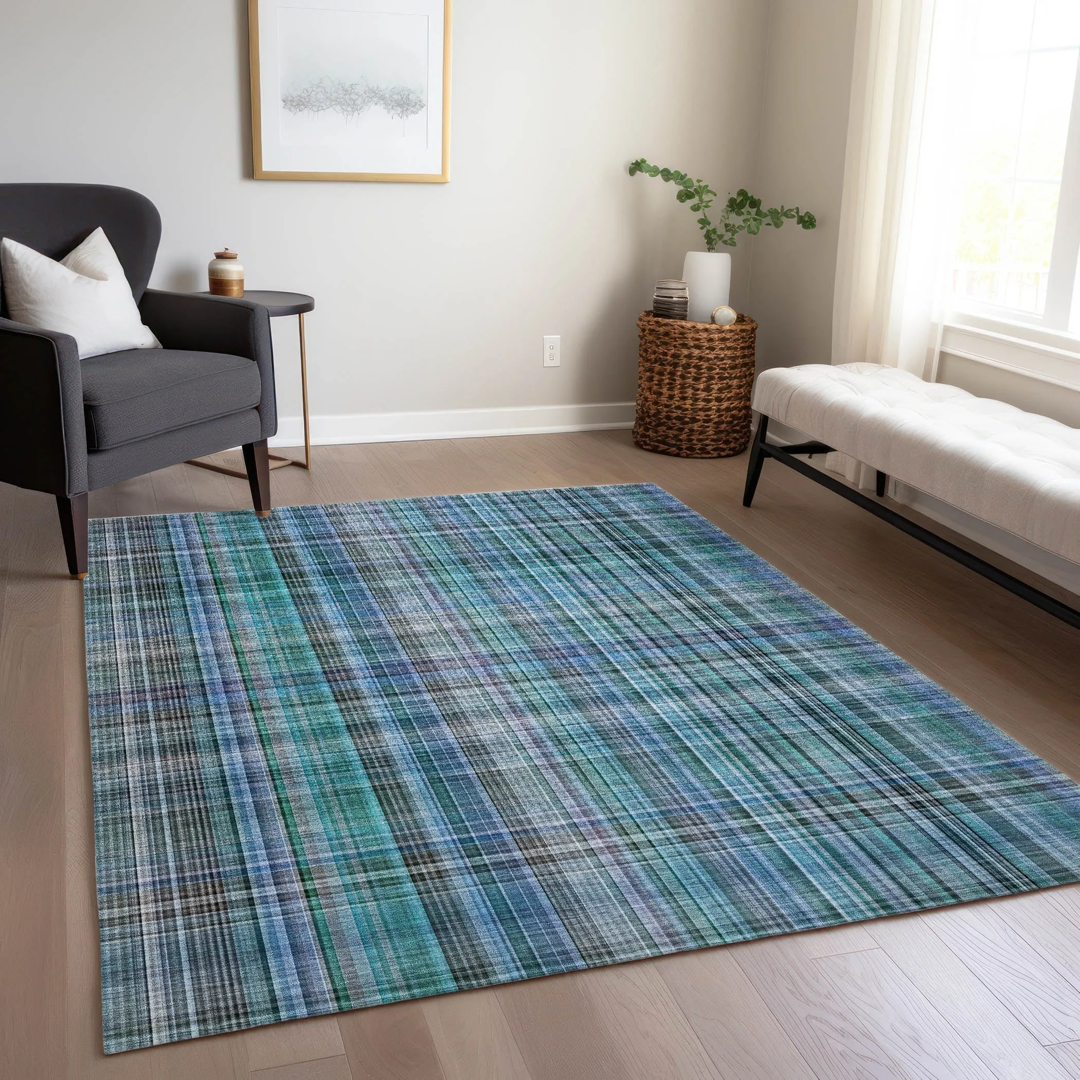 Machine Washable Indoor/ Outdoor Plaid Chantille Rug