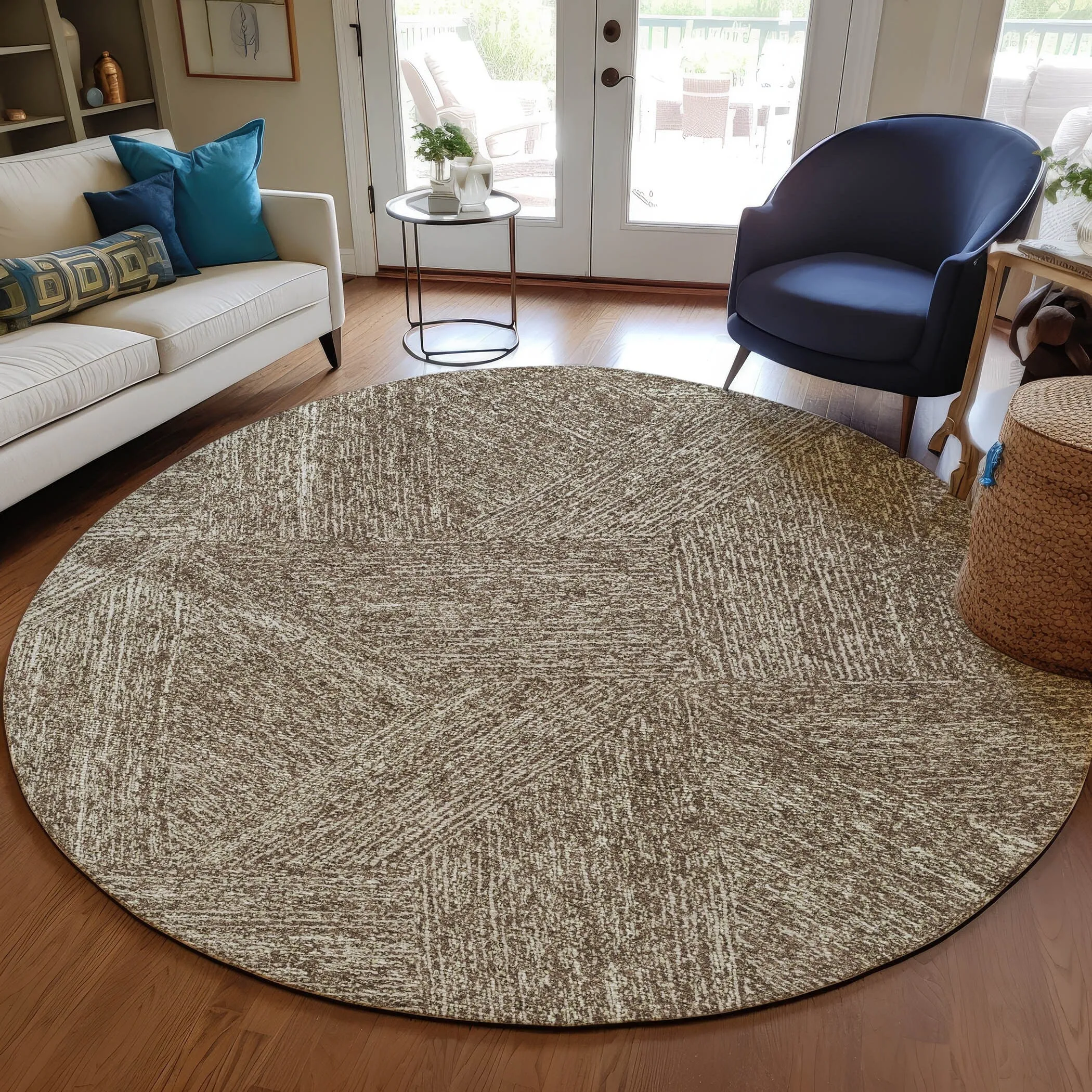 Machine Washable Indoor/ Outdoor Solid Geo Chantille Rug