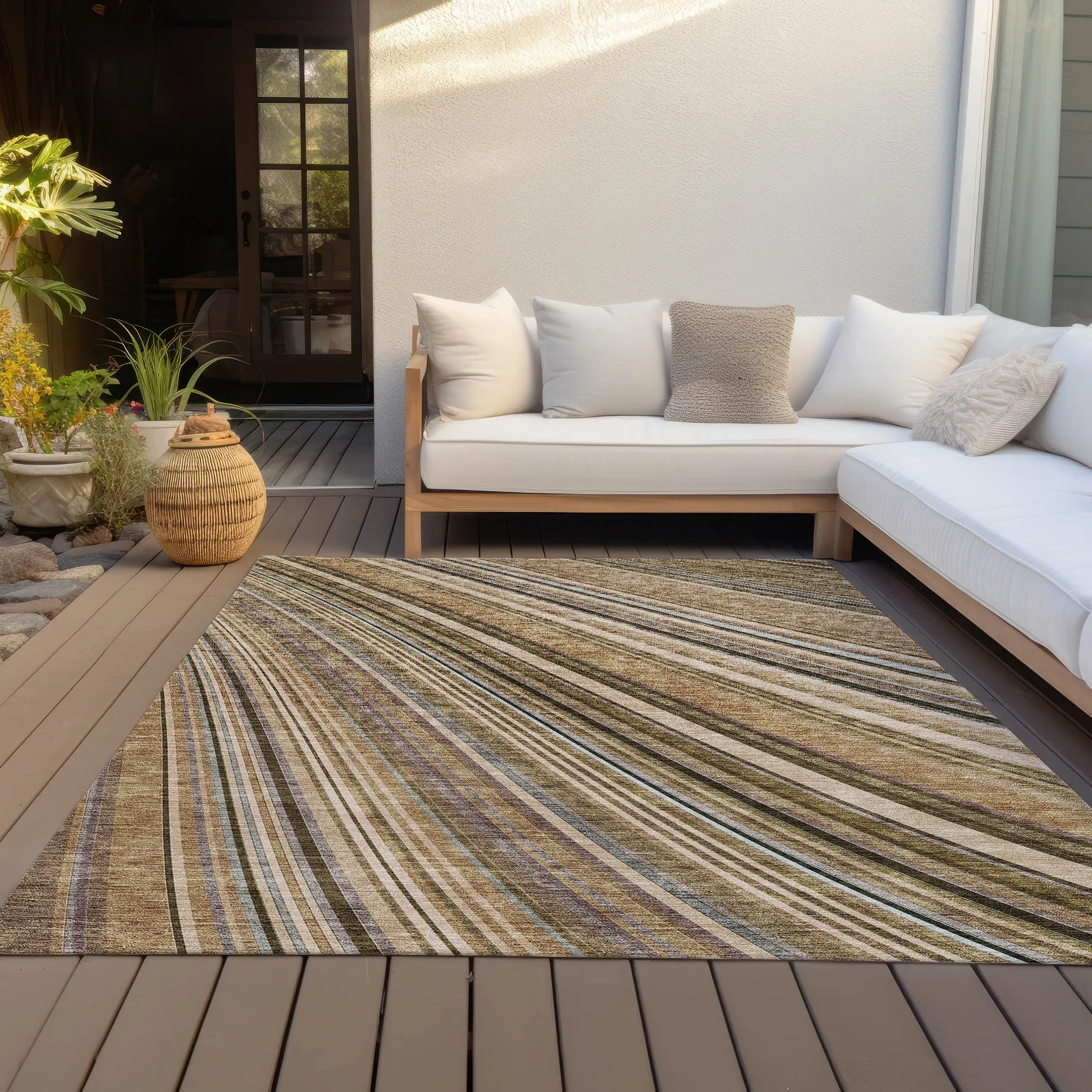 Machine Washable Indoor/ Outdoor Stripe Wave Chantille Rug