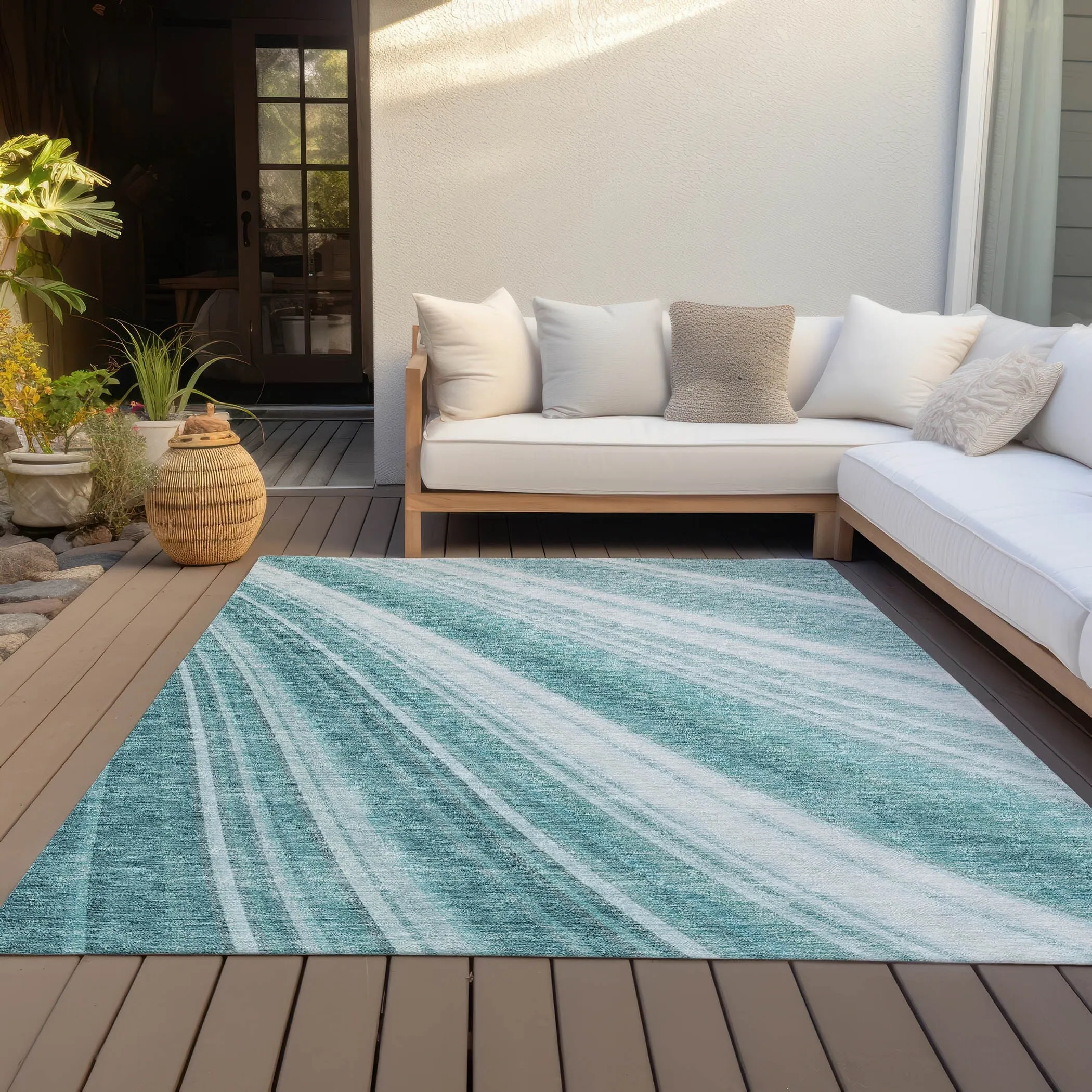 Machine Washable Indoor/ Outdoor Stripe Wave Chantille Rug