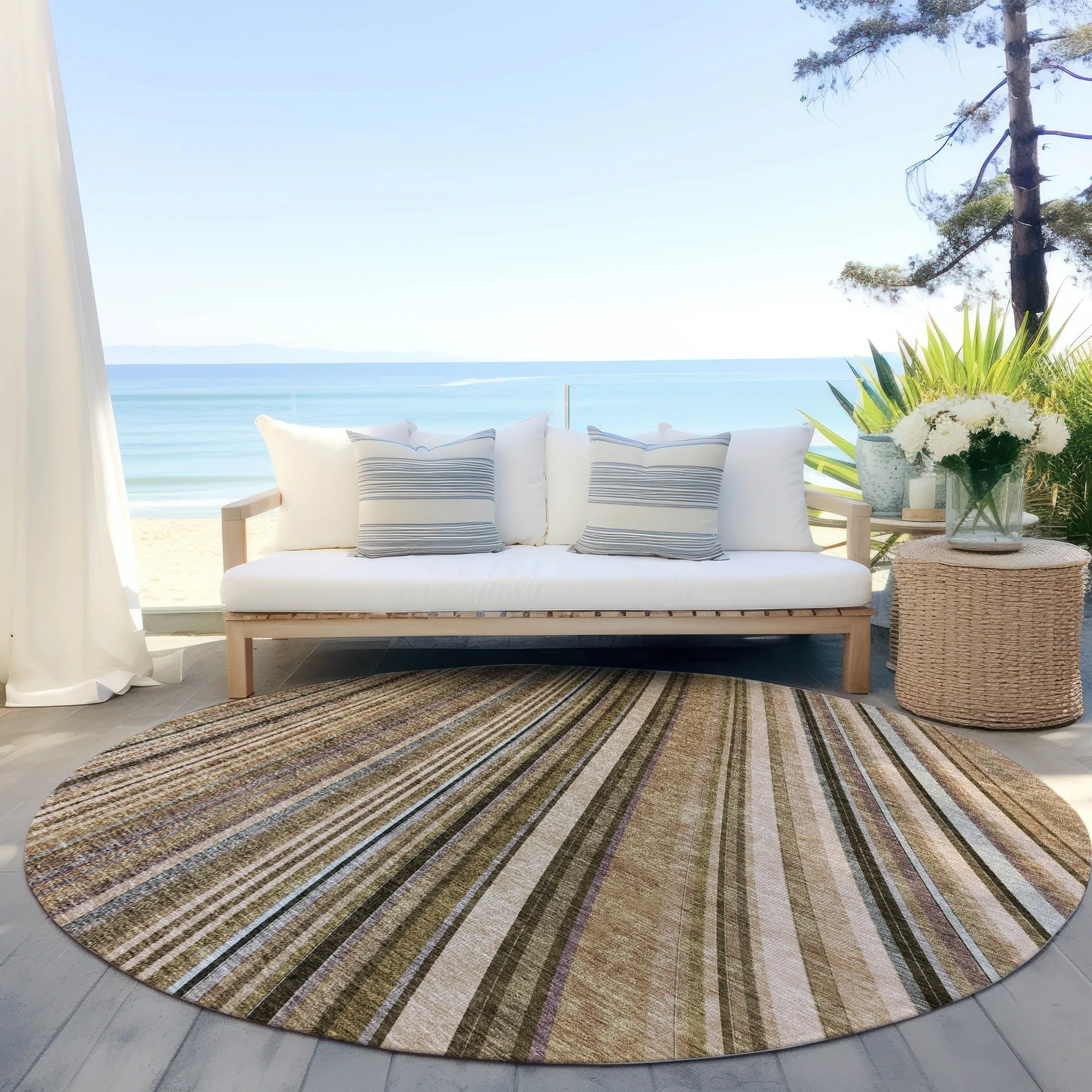 Machine Washable Indoor/ Outdoor Stripe Wave Chantille Rug