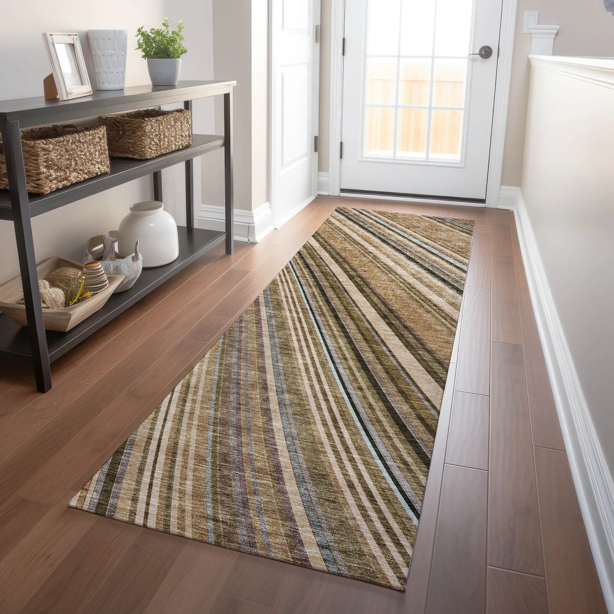 Machine Washable Indoor/ Outdoor Stripe Wave Chantille Rug