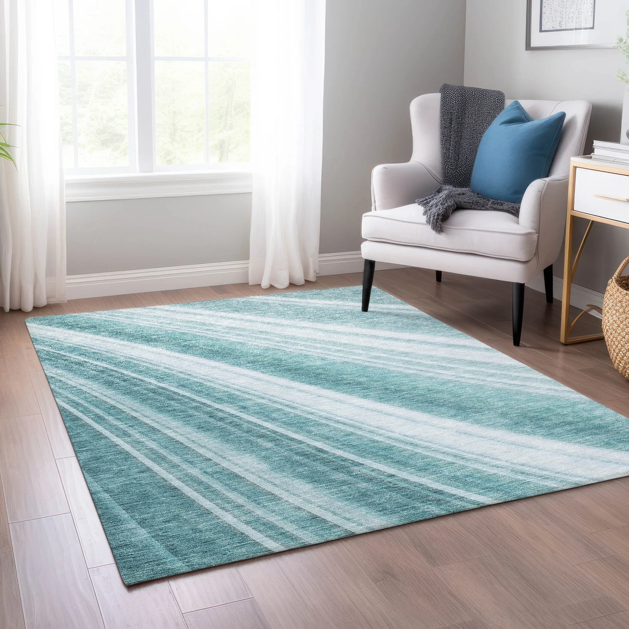 Machine Washable Indoor/ Outdoor Stripe Wave Chantille Rug
