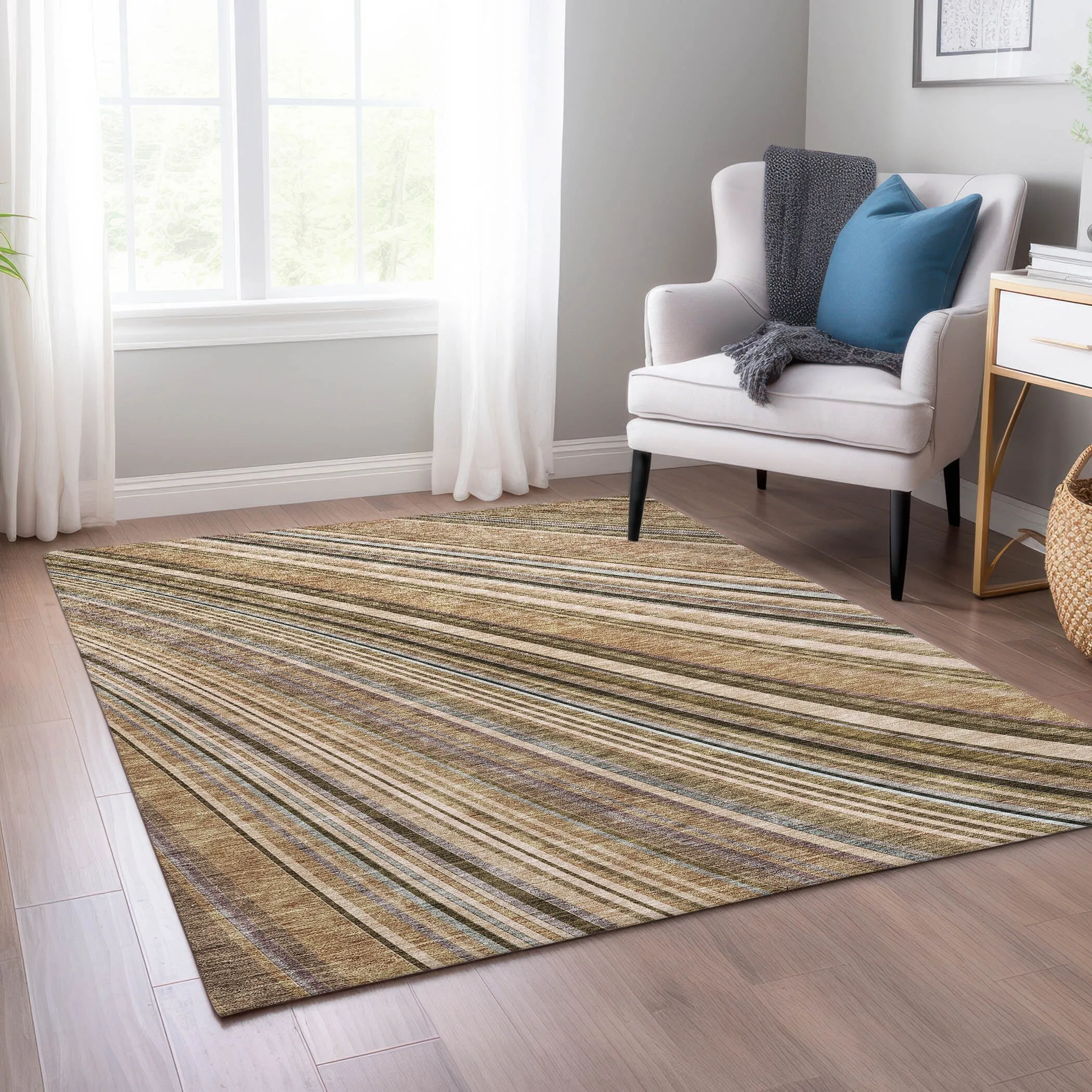 Machine Washable Indoor/ Outdoor Stripe Wave Chantille Rug