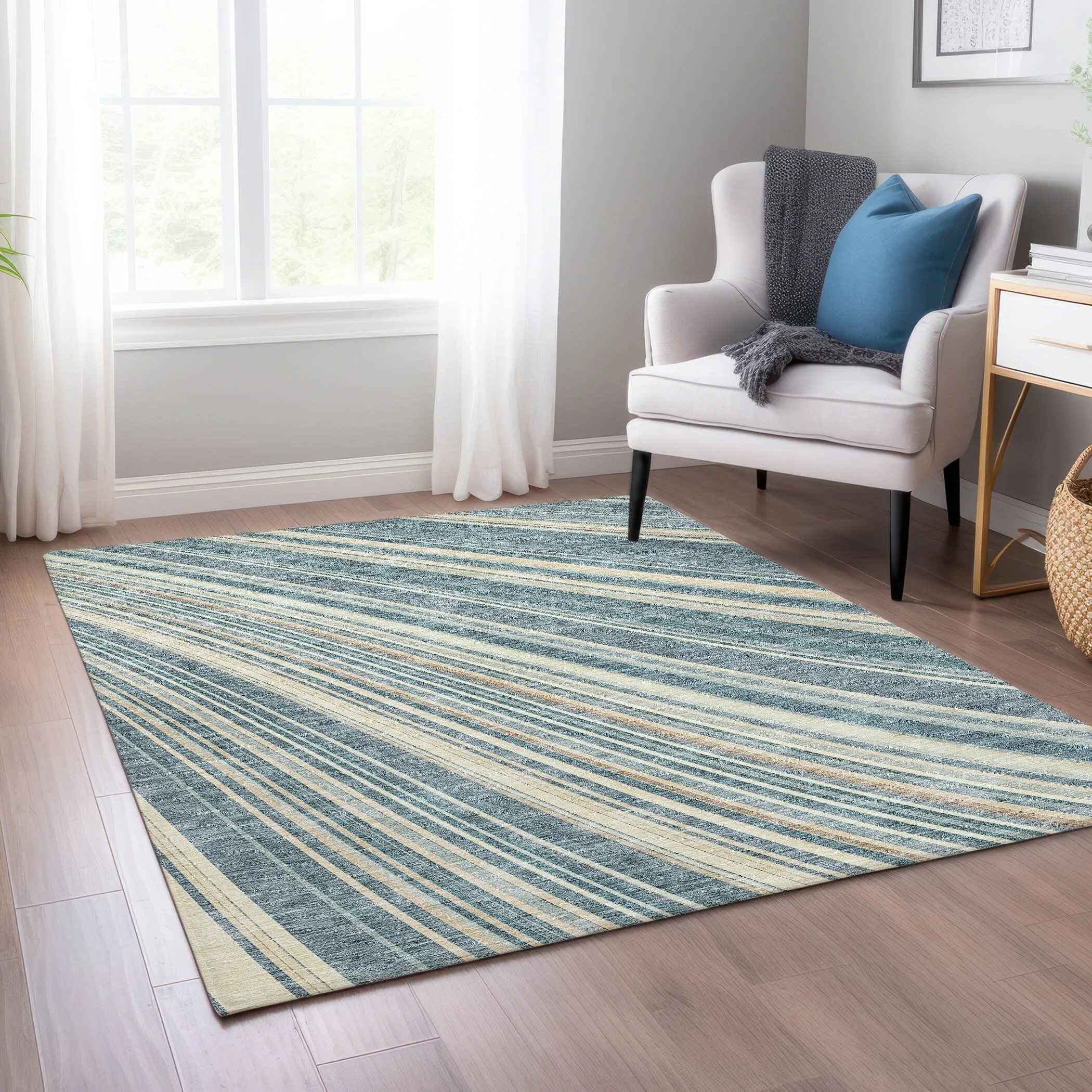 Machine Washable Indoor/ Outdoor Stripe Wave Chantille Rug