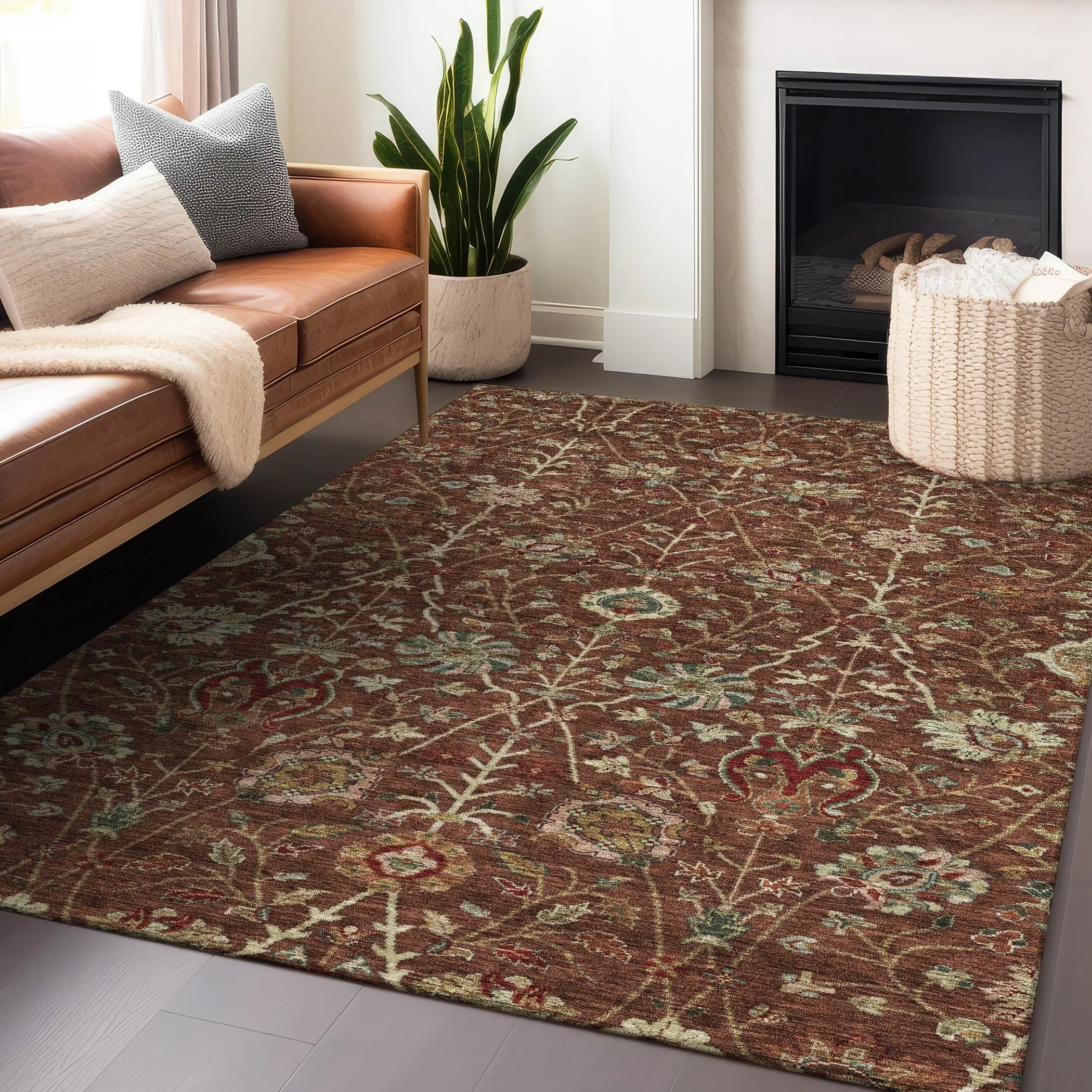 Machine Washable Indoor/ Outdoor Traditional Kashan Chantille Rug