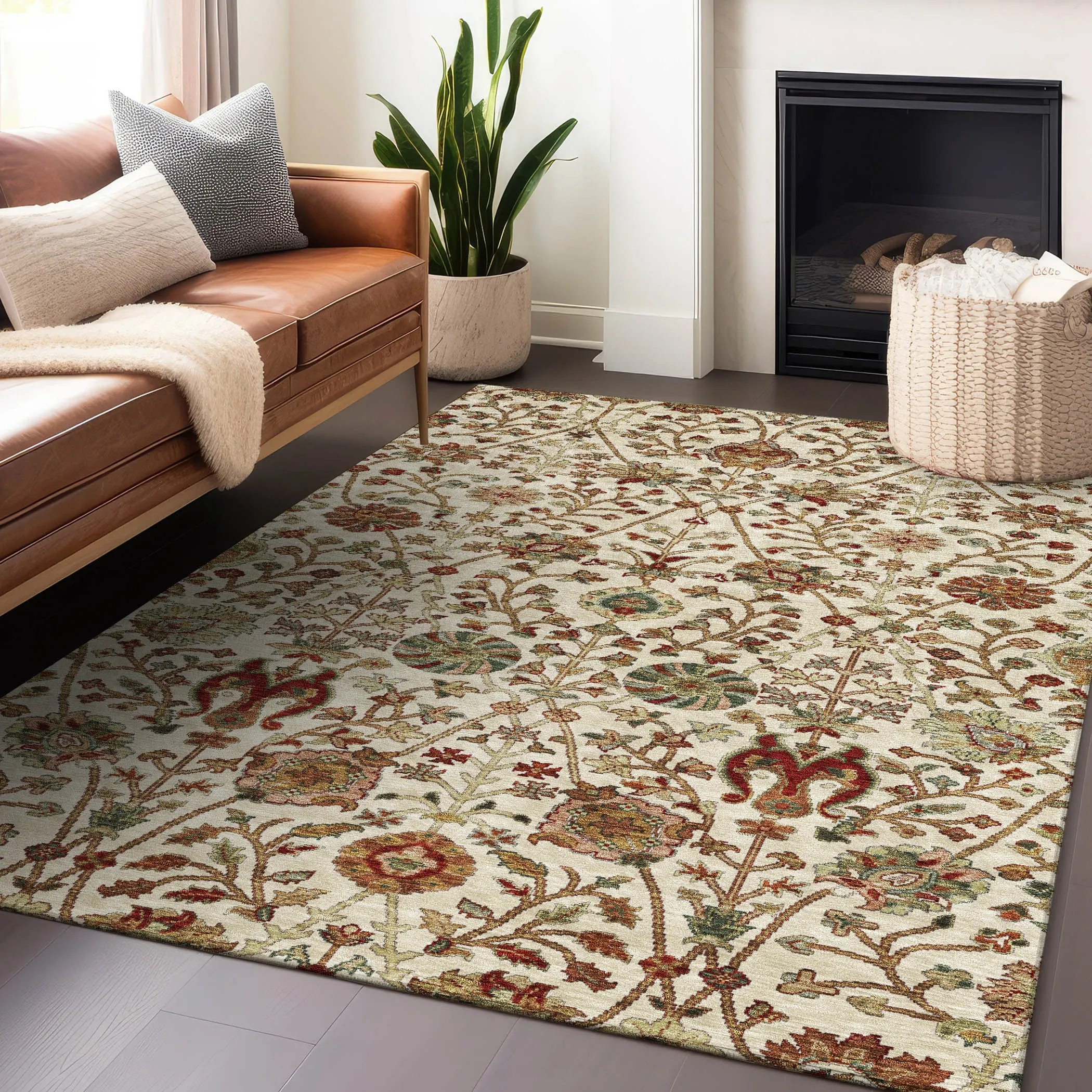 Machine Washable Indoor/ Outdoor Traditional Kashan Chantille Rug