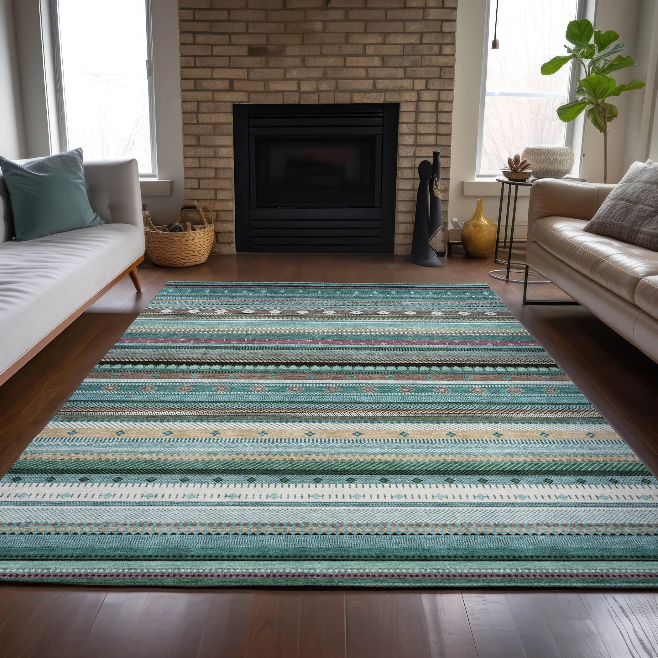 Machine Washable Indoor/Outdoor Boho Stripes Chantille Rug