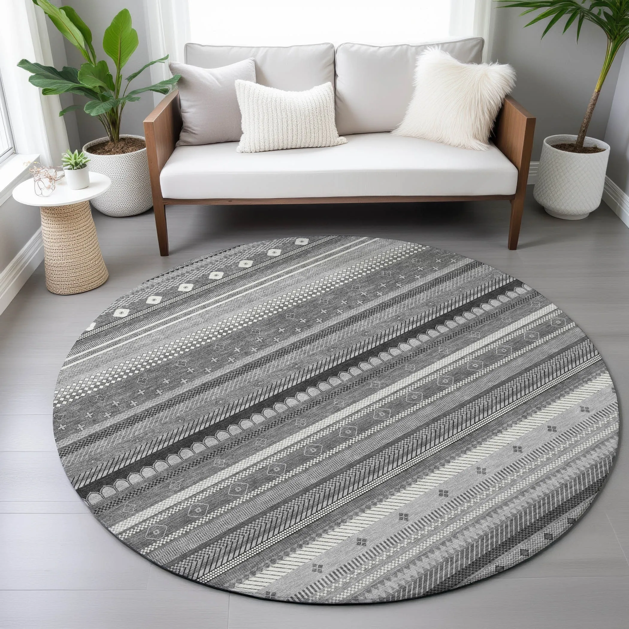 Machine Washable Indoor/Outdoor Boho Stripes Chantille Rug