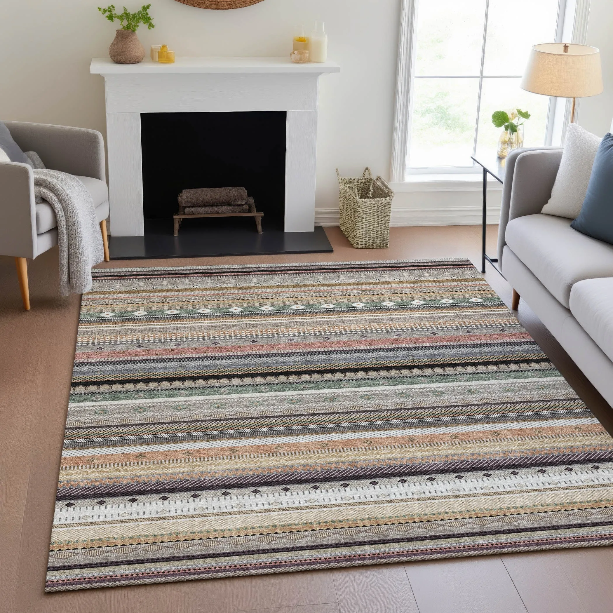 Machine Washable Indoor/Outdoor Boho Stripes Chantille Rug