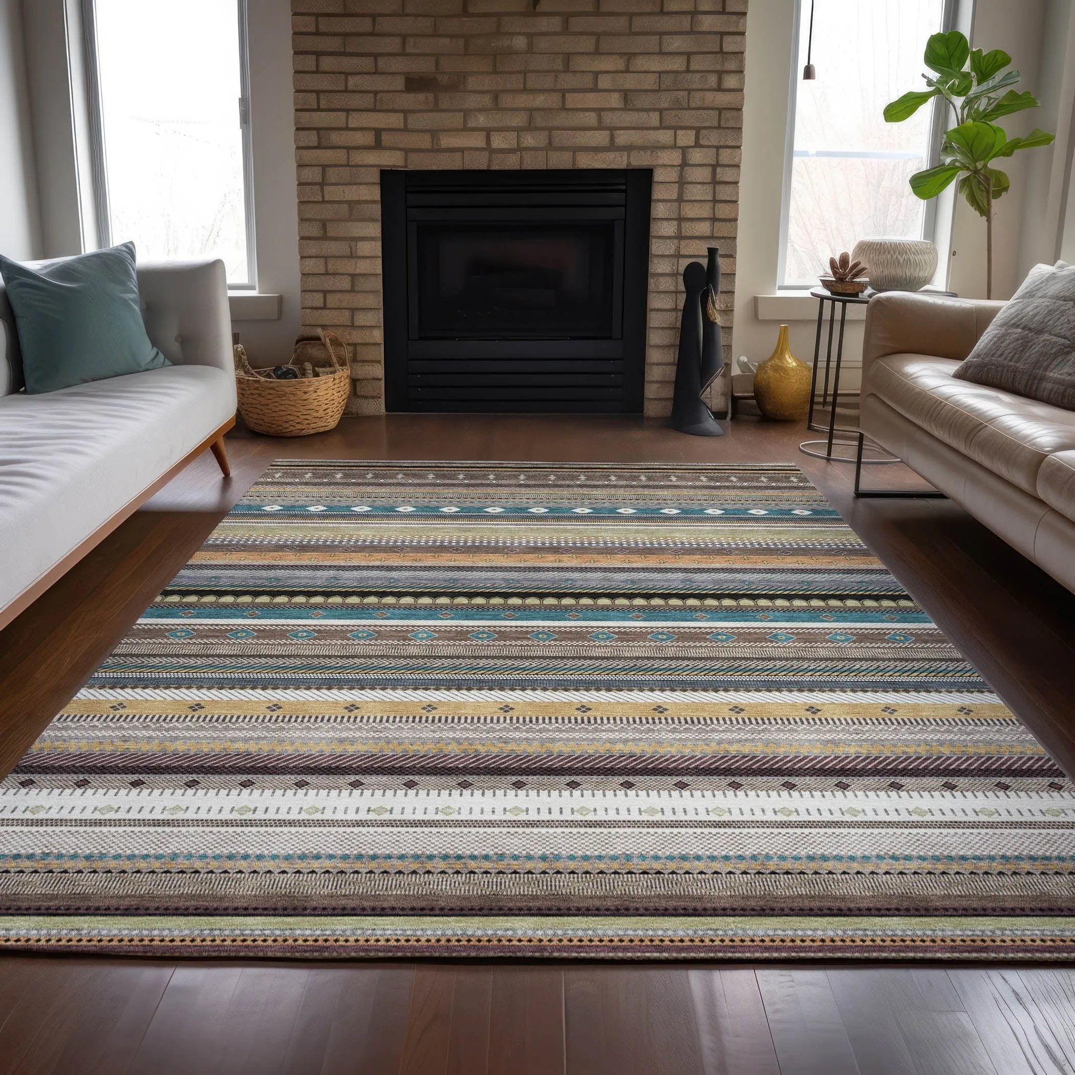 Machine Washable Indoor/Outdoor Boho Stripes Chantille Rug