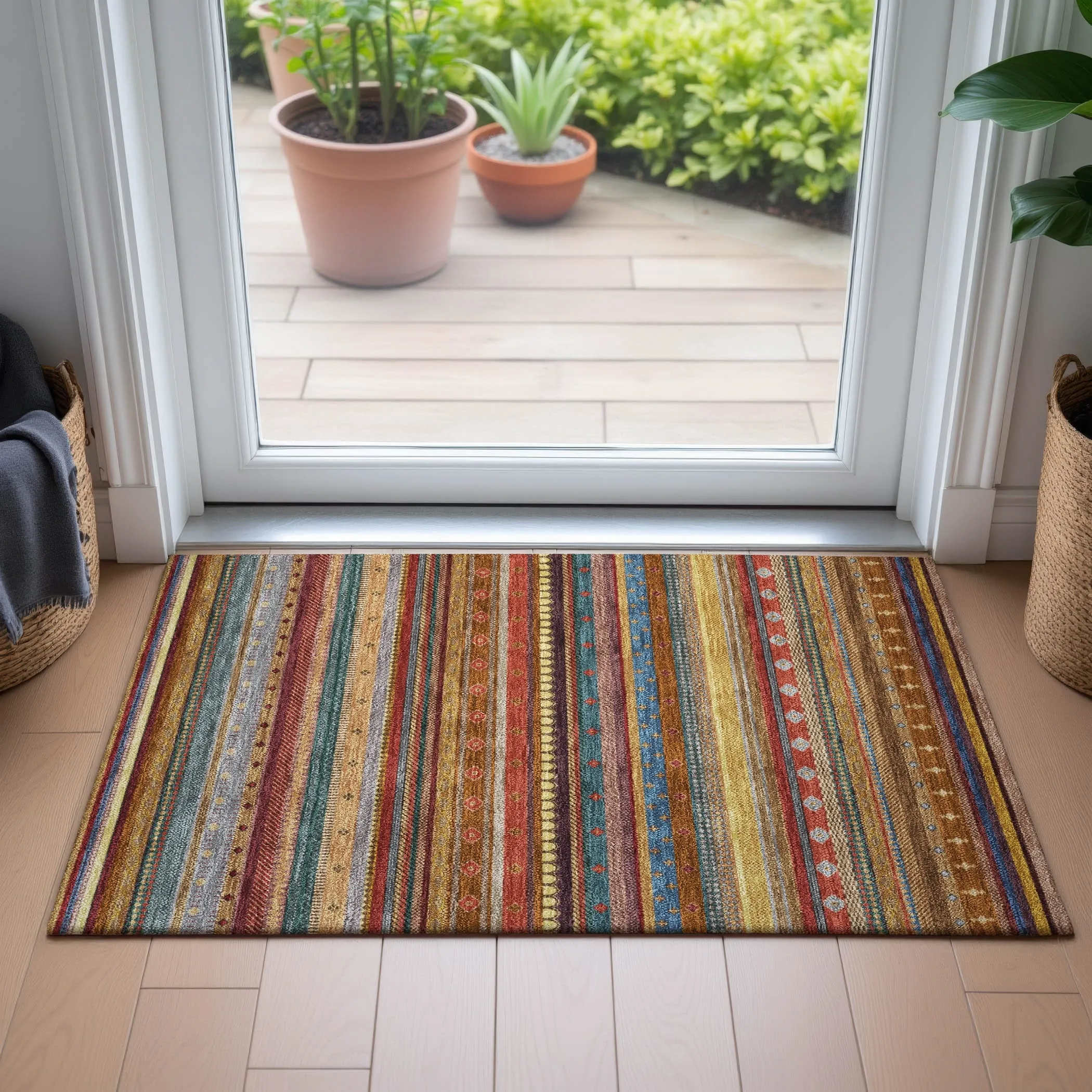 Machine Washable Indoor/Outdoor Boho Stripes Chantille Rug