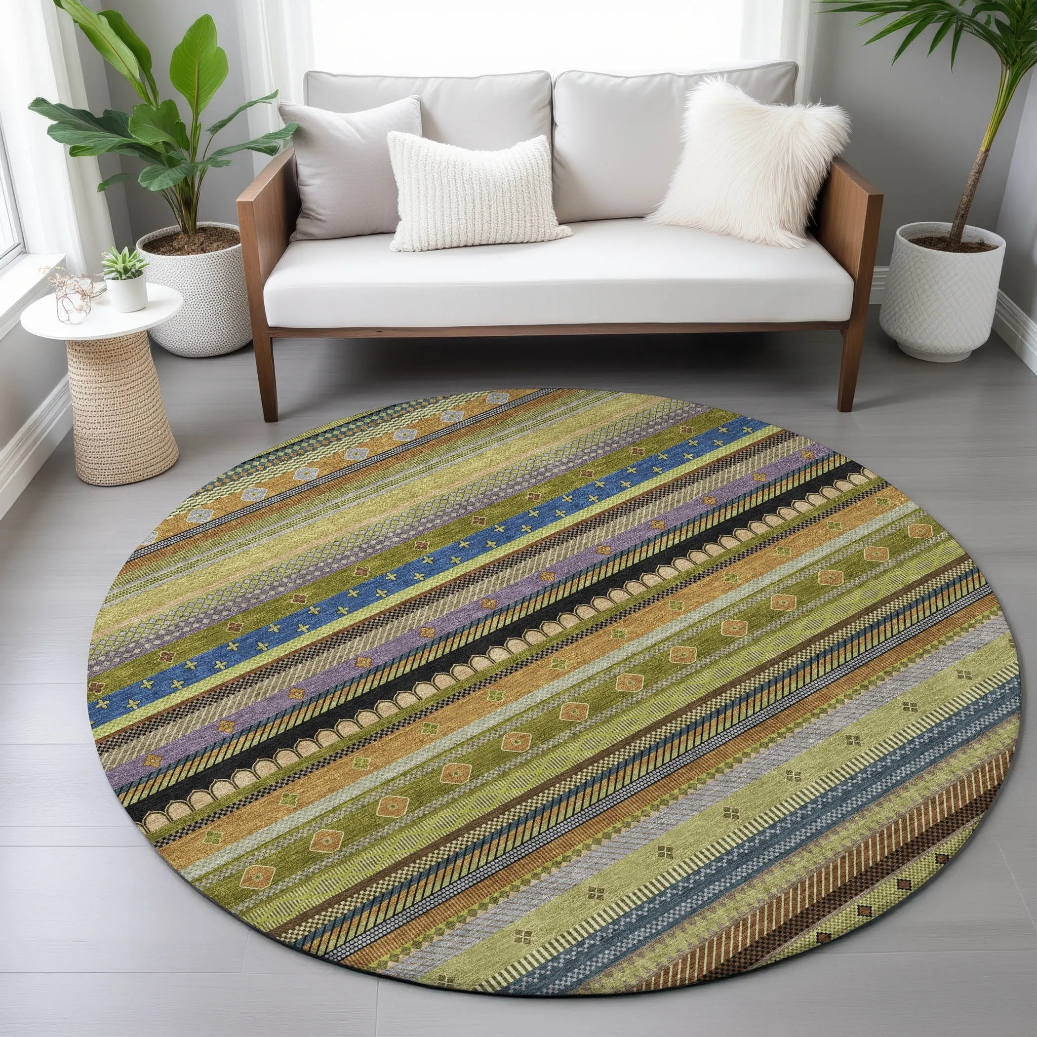 Machine Washable Indoor/Outdoor Boho Stripes Chantille Rug