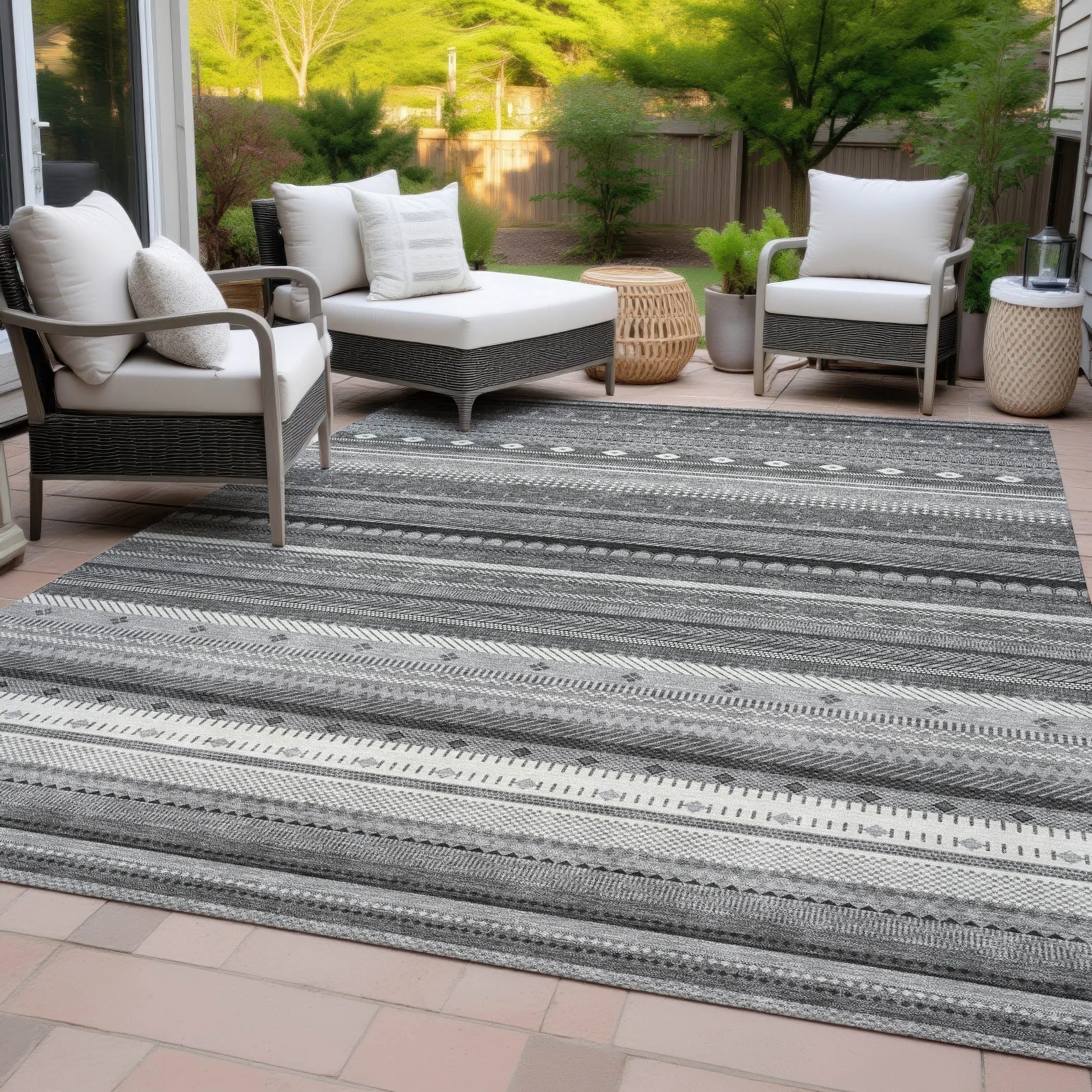 Machine Washable Indoor/Outdoor Boho Stripes Chantille Rug