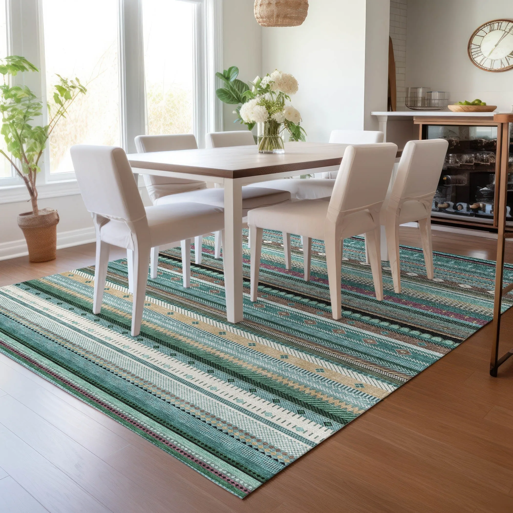 Machine Washable Indoor/Outdoor Boho Stripes Chantille Rug
