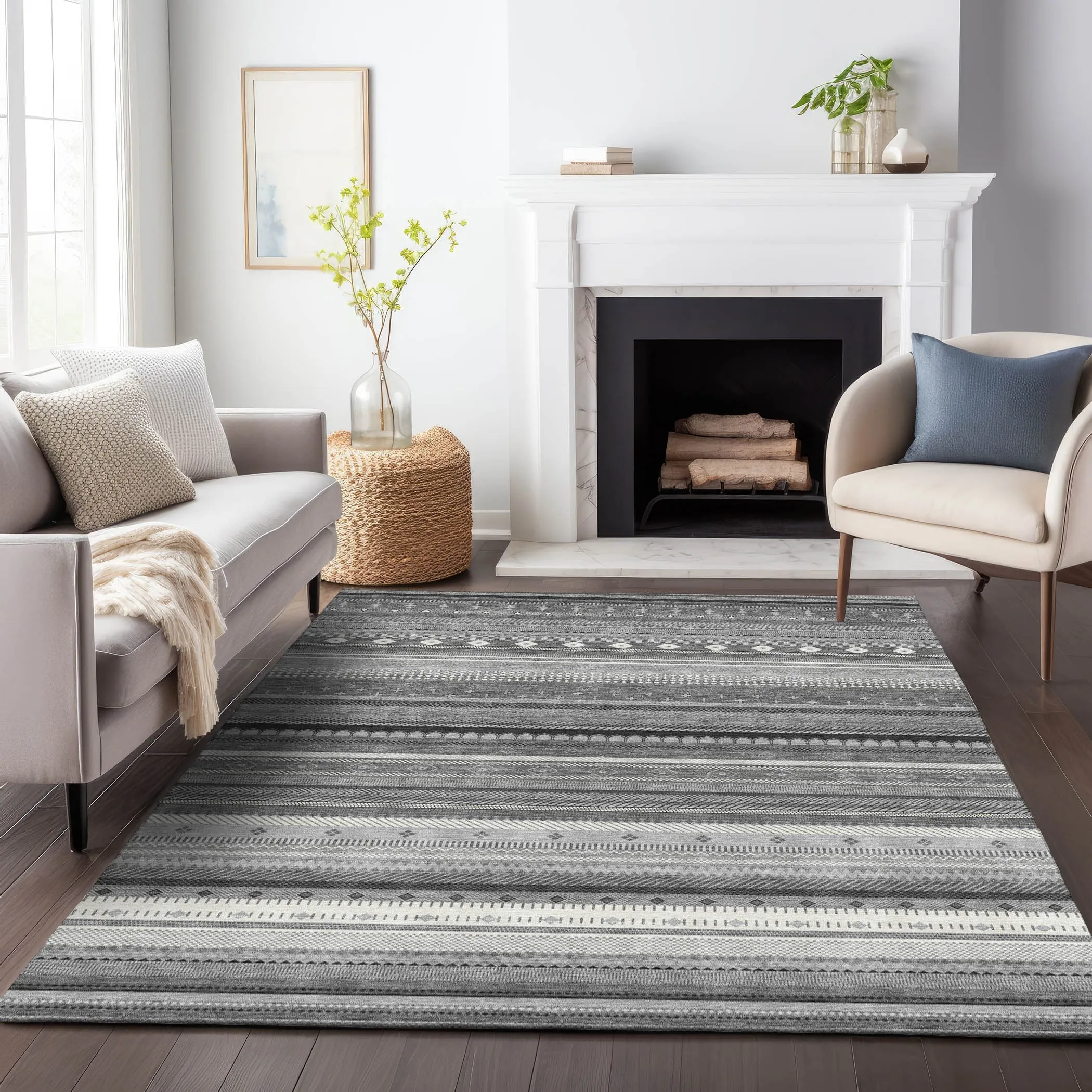 Machine Washable Indoor/Outdoor Boho Stripes Chantille Rug