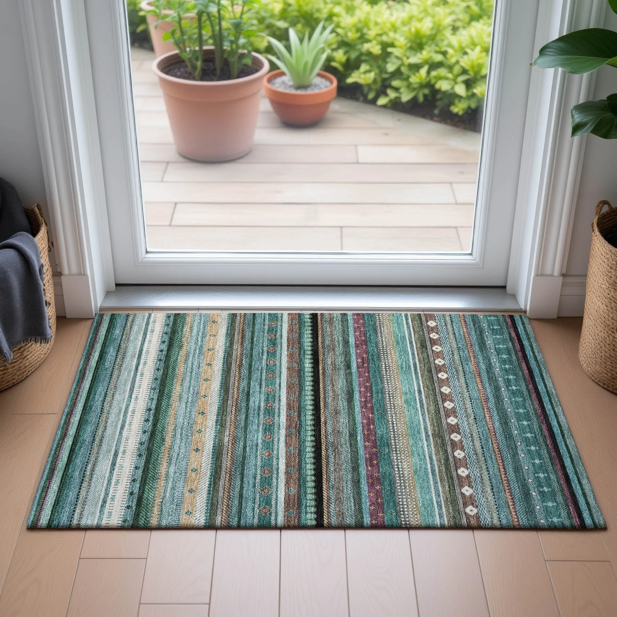Machine Washable Indoor/Outdoor Boho Stripes Chantille Rug