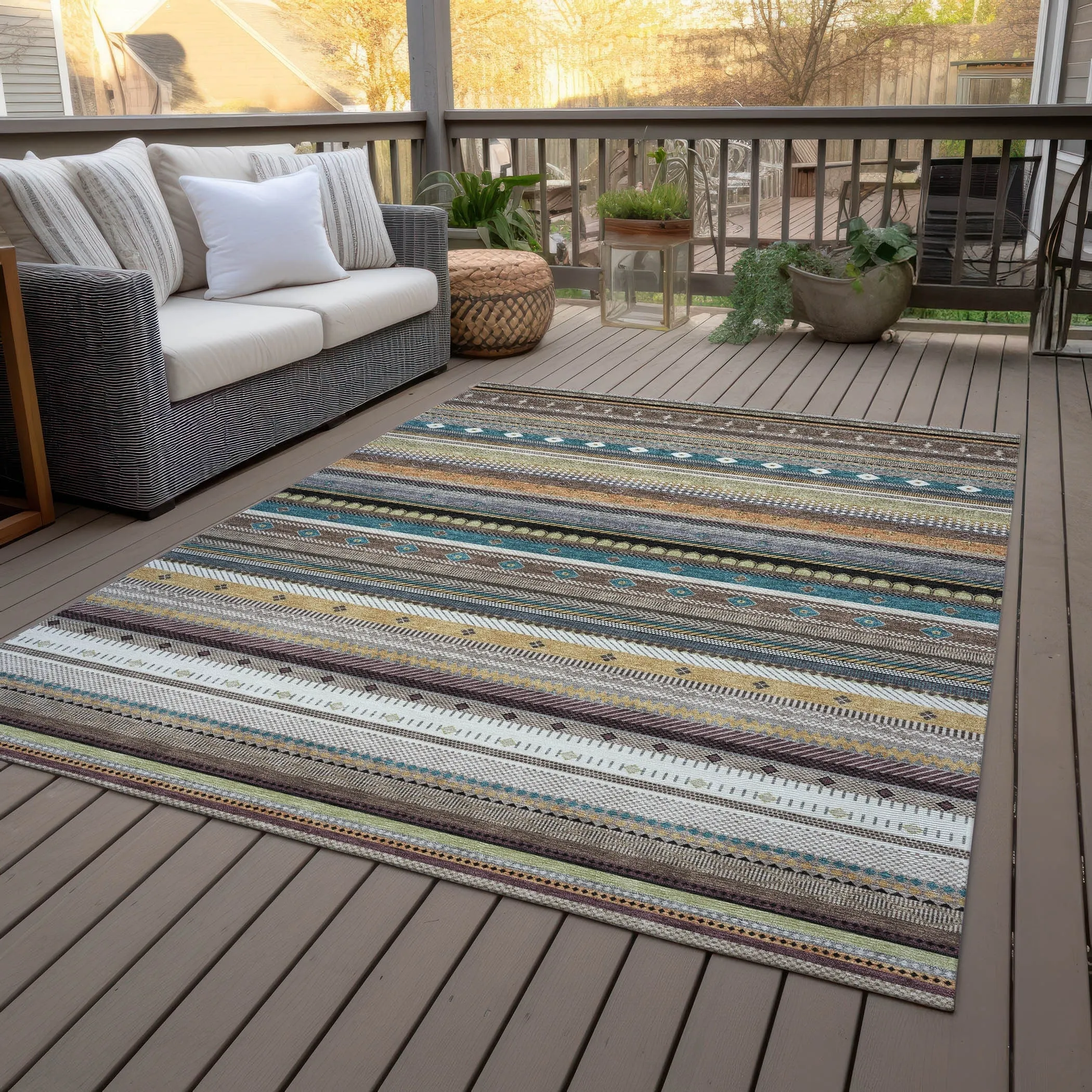 Machine Washable Indoor/Outdoor Boho Stripes Chantille Rug