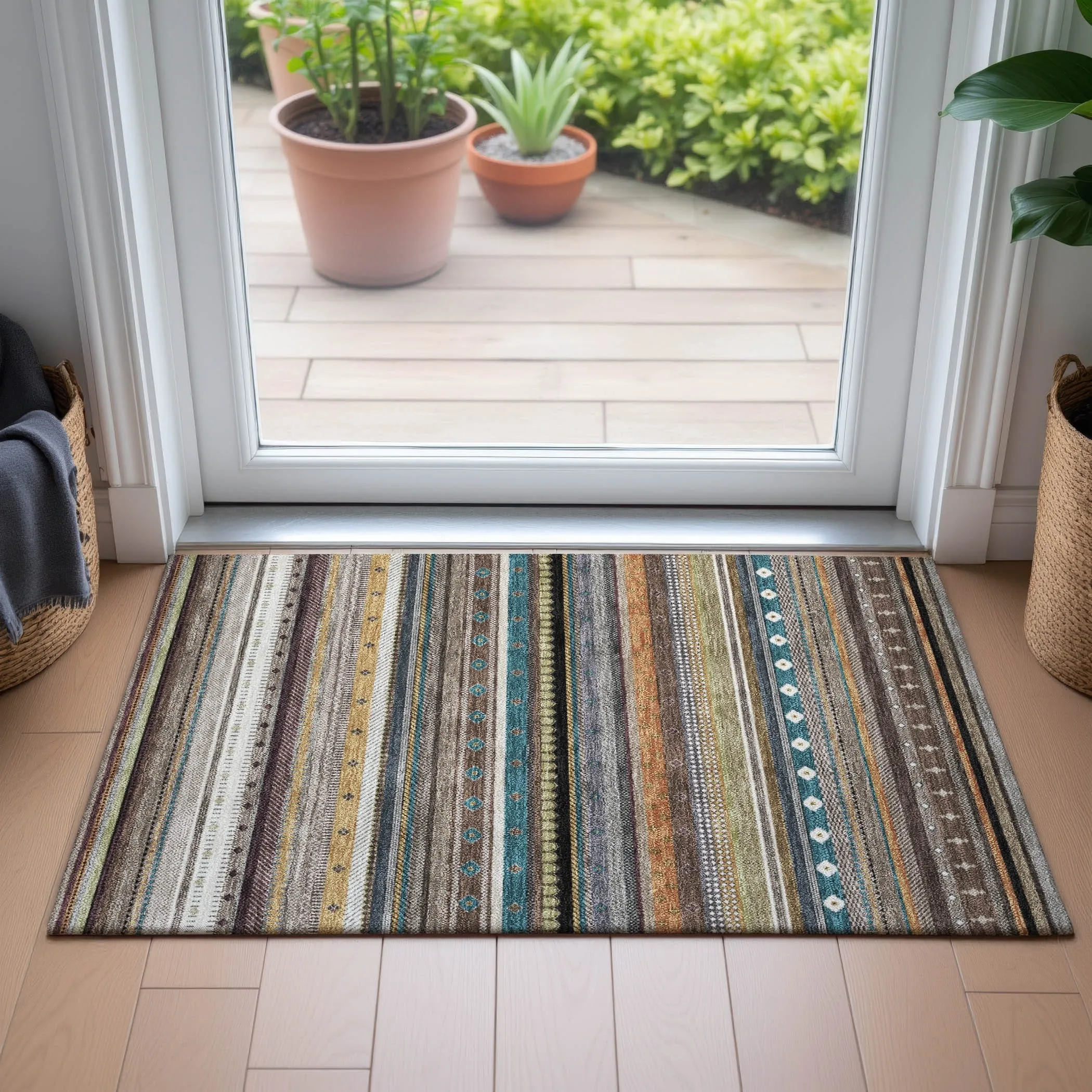 Machine Washable Indoor/Outdoor Boho Stripes Chantille Rug