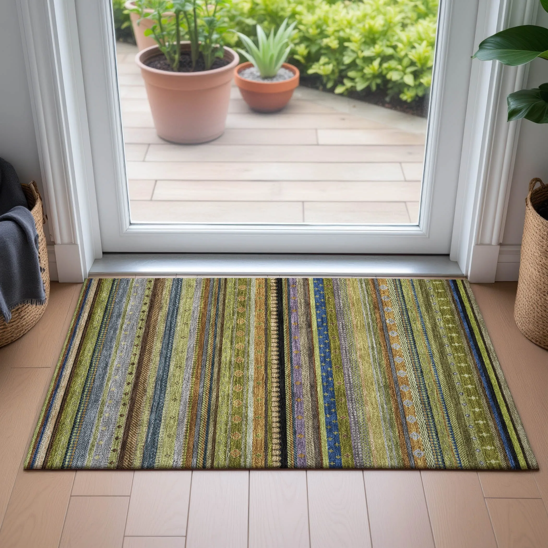 Machine Washable Indoor/Outdoor Boho Stripes Chantille Rug