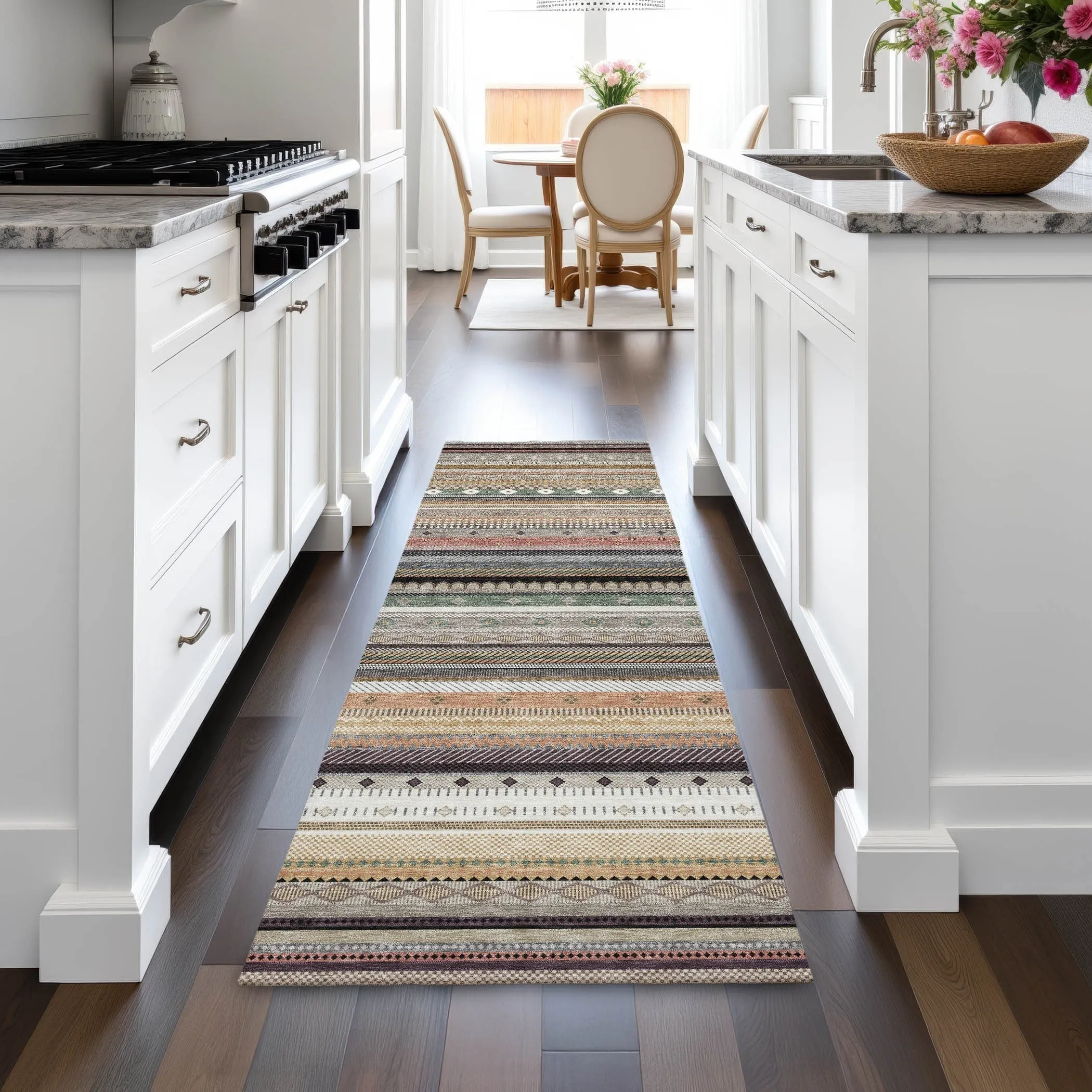 Machine Washable Indoor/Outdoor Boho Stripes Chantille Rug