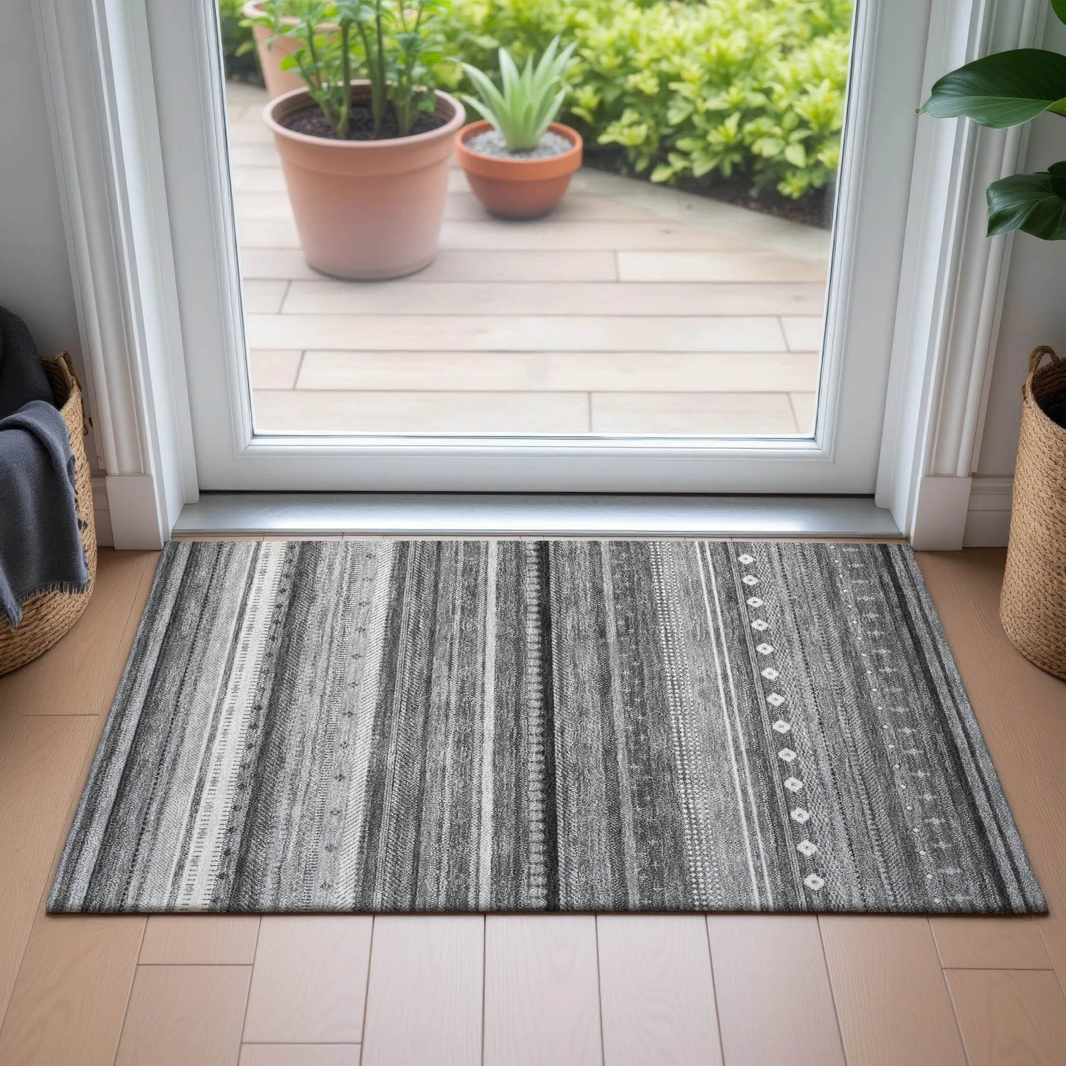 Machine Washable Indoor/Outdoor Boho Stripes Chantille Rug