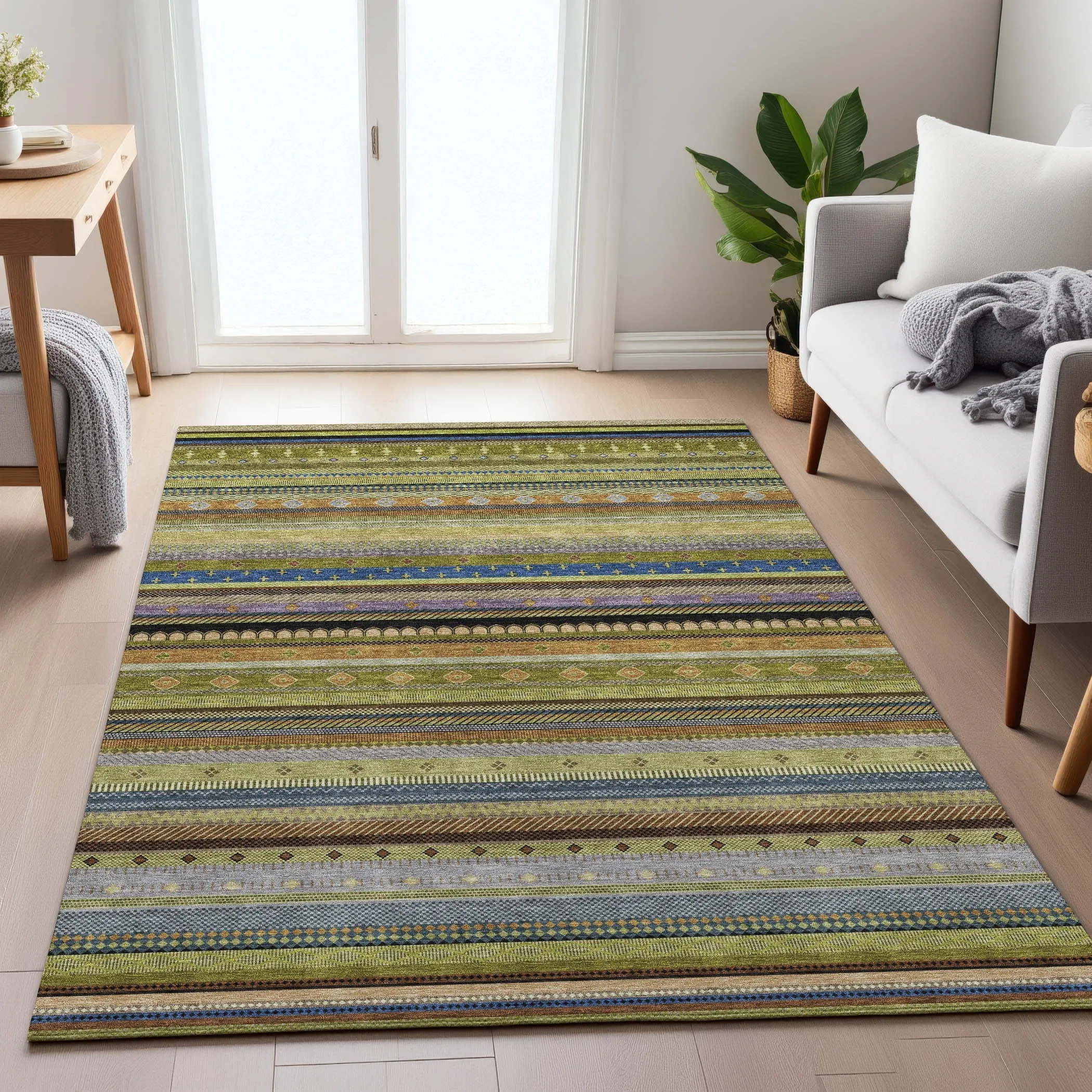Machine Washable Indoor/Outdoor Boho Stripes Chantille Rug
