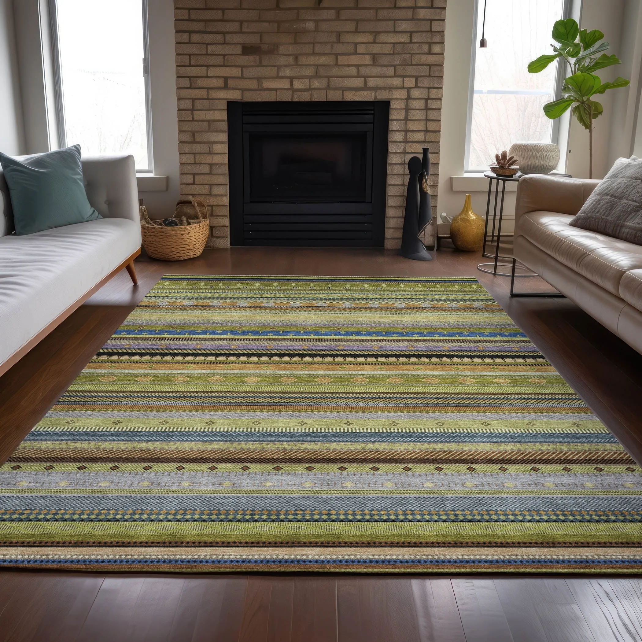Machine Washable Indoor/Outdoor Boho Stripes Chantille Rug