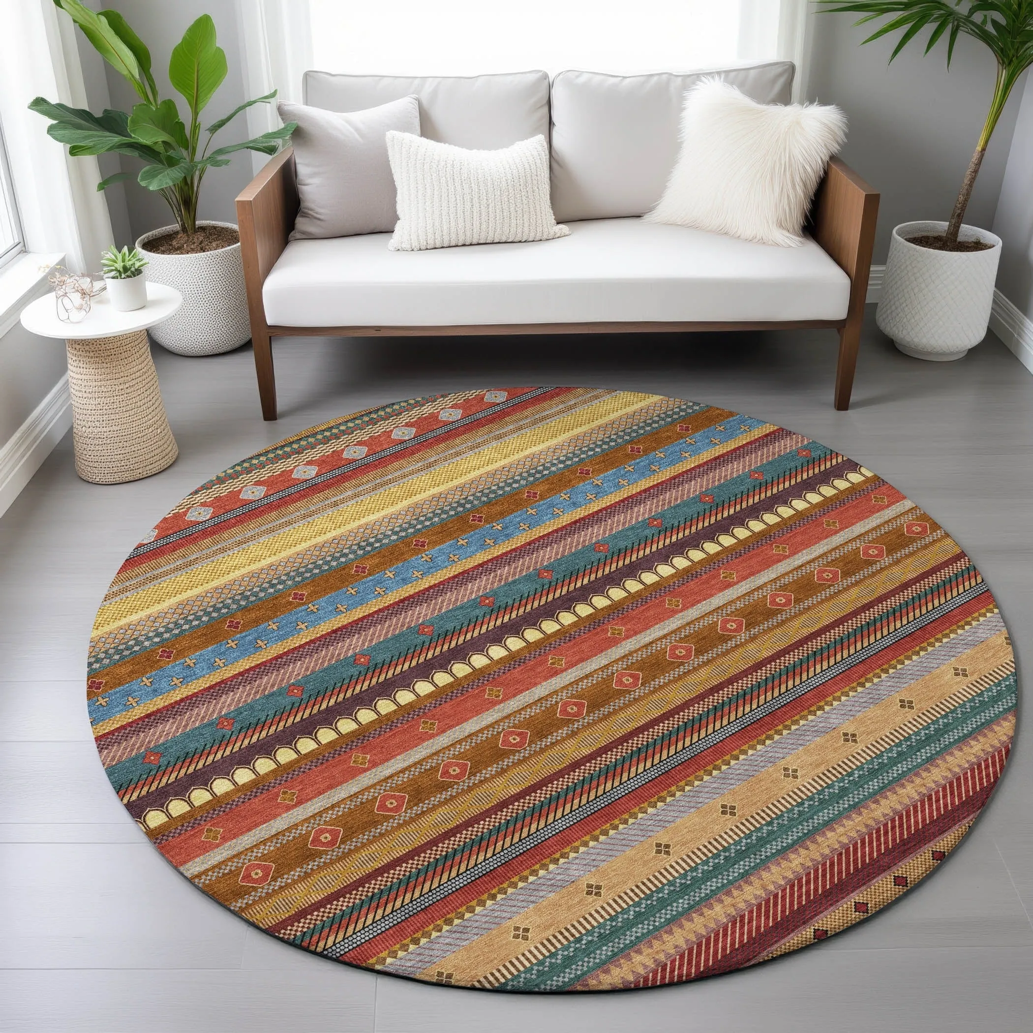 Machine Washable Indoor/Outdoor Boho Stripes Chantille Rug