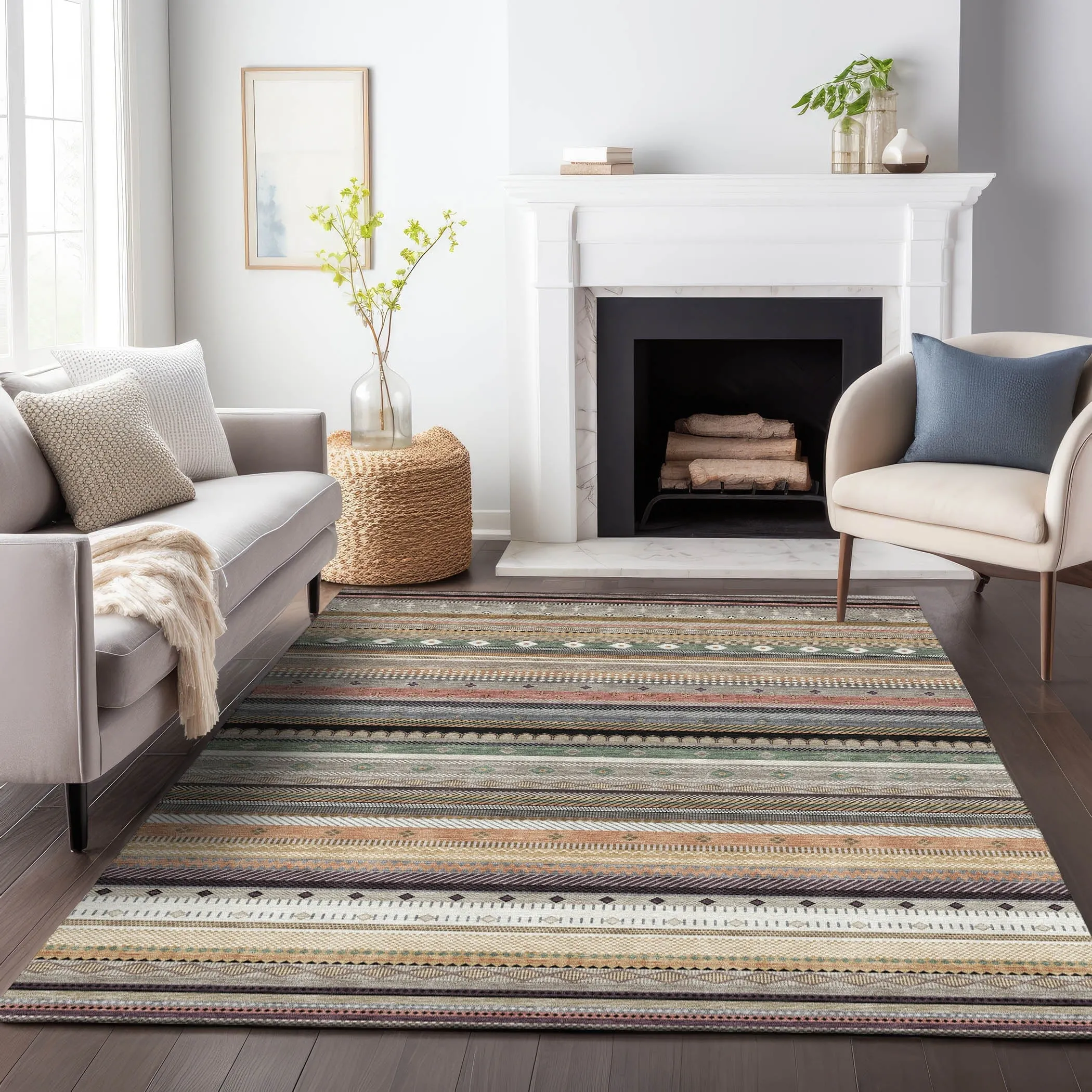 Machine Washable Indoor/Outdoor Boho Stripes Chantille Rug