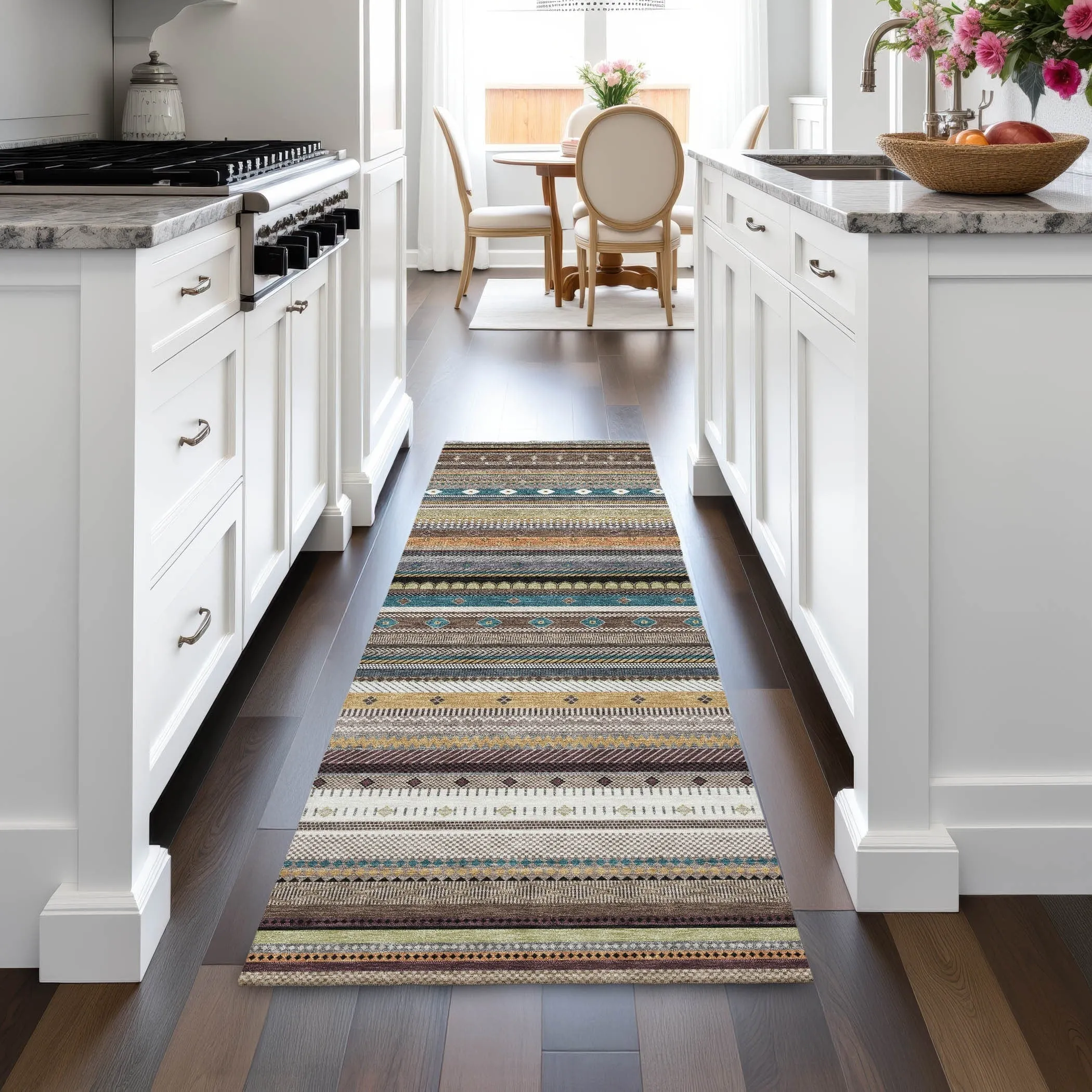 Machine Washable Indoor/Outdoor Boho Stripes Chantille Rug